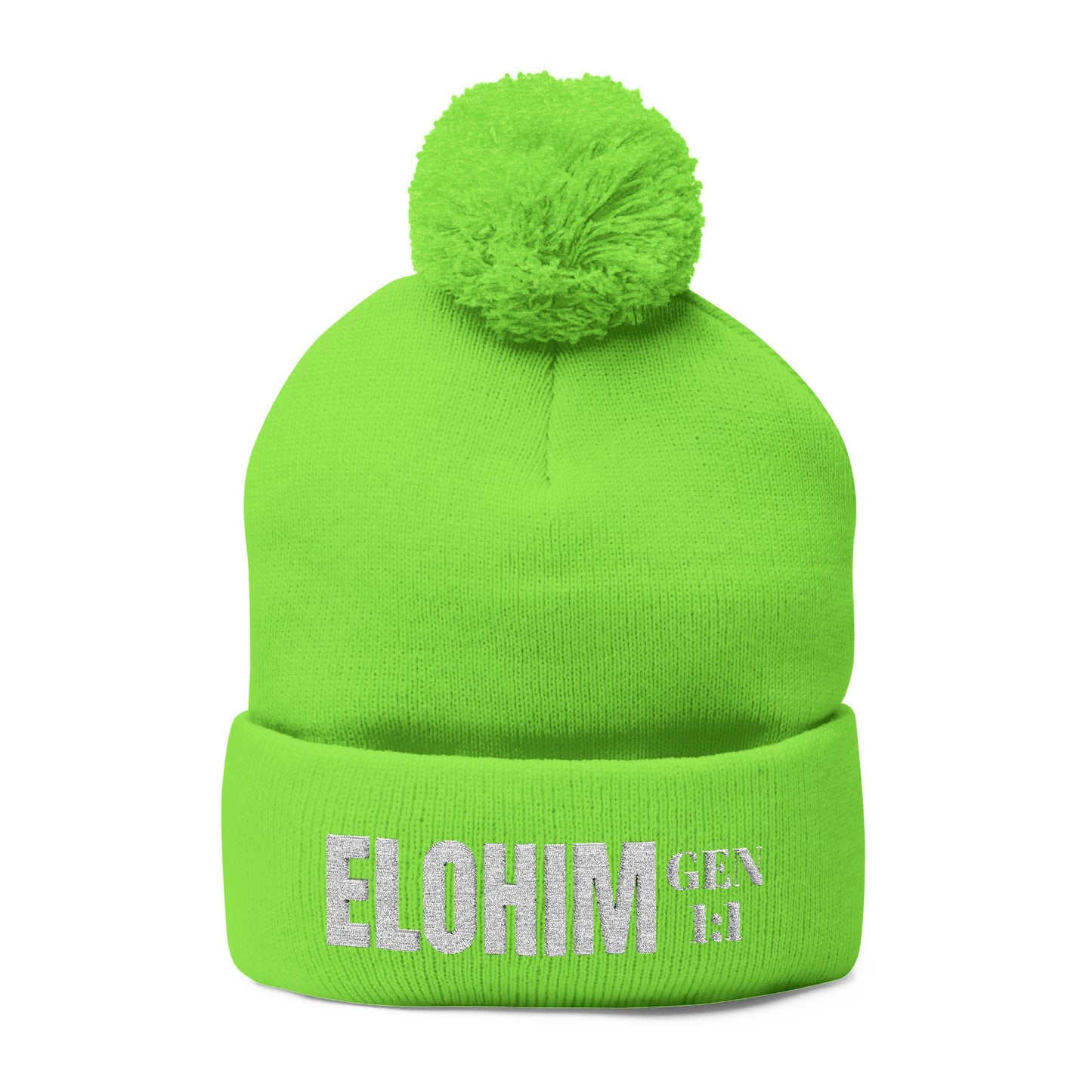 Pom-Pom Knit Cap with 'ELOHIM, GENESIS 1:1'  Embroidery Beanie - Stylish Winter Accessory for All Ages, Perfect Gift for Birthdays, Holidays, and Outdoor Activities
