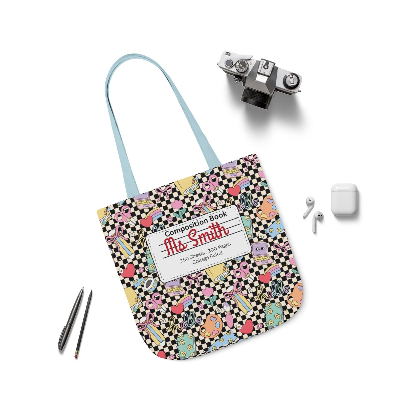 Personalized Black Doodle Daydream Composition Book Inspired Canvas Tote Bag with Colorful Straps, Cute School Bag, Eco-Friendly Tote, Back to School Shopping Bag, Teacher Gift Idea