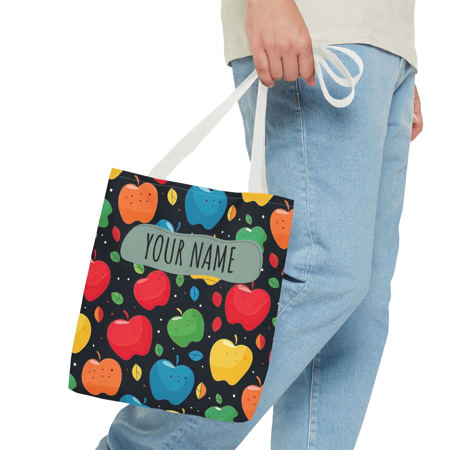 All-Over Apple Print Personalized Tote Bag — Durable Everyday Carry (3 Sizes, 5 Handle Colors)