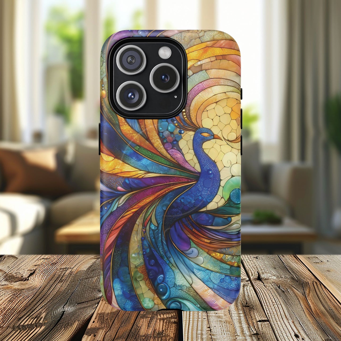 Mosaic Peacock Feathers Magnetic Phone Case, Tough Phone Shell, Vibrant Art Case, Gift for Her, Unique Phone Accessory, Wildlife Lover's Gift, Stained Glass Case.