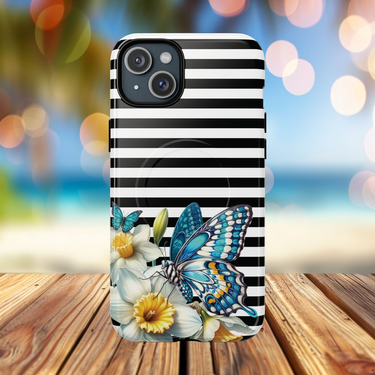 Daffodil Flutter Tough iPhone Magnetic Case, Floral iPhone Accessories, Stylish iPhone Cover, Black Striped Design, Gift for Her, Trendy iPhone