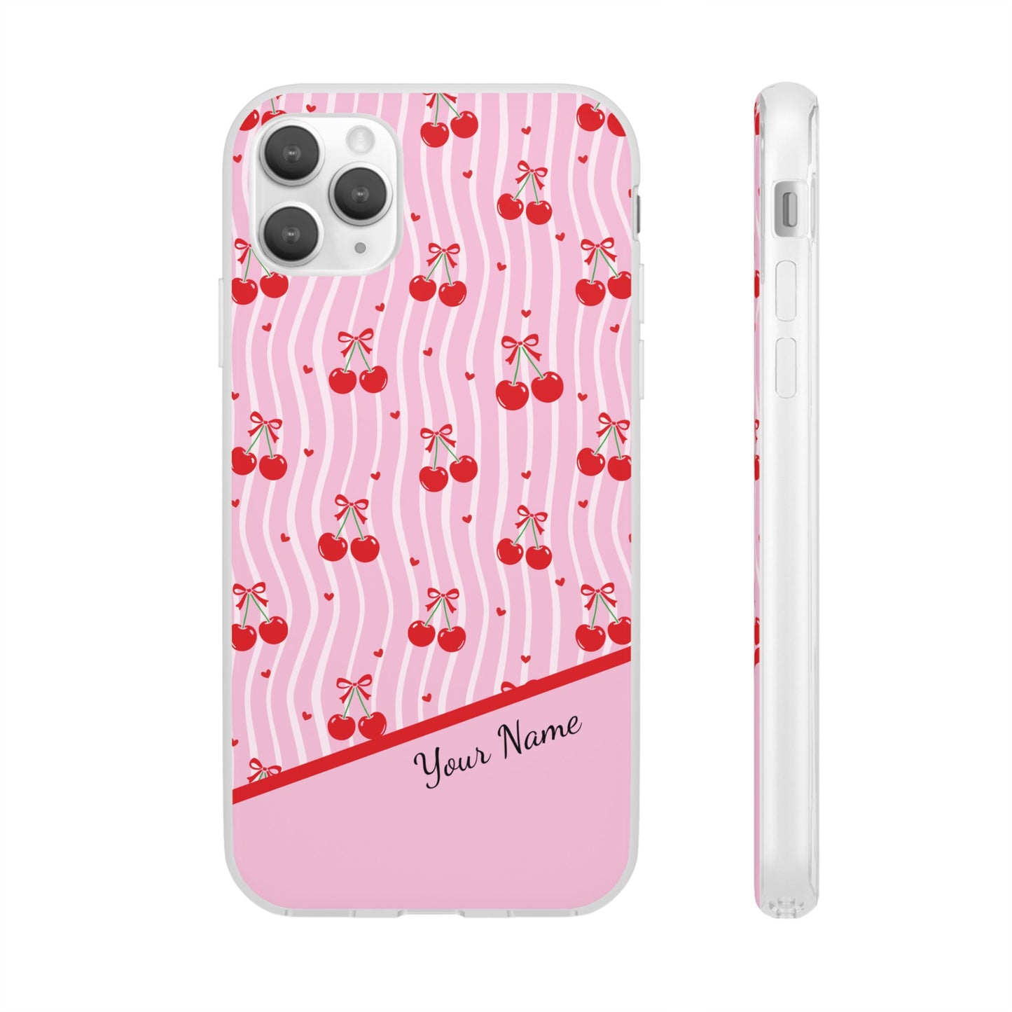 Personalized Cherry Blossom Dreams Flexi Case — Pink Retro Cherry iPhone® 7/8, 11, 12, 13, 14, 15, 16, 17, X/XS, SE, XR, Mini, Pro, Pro Max, Plus Cases.