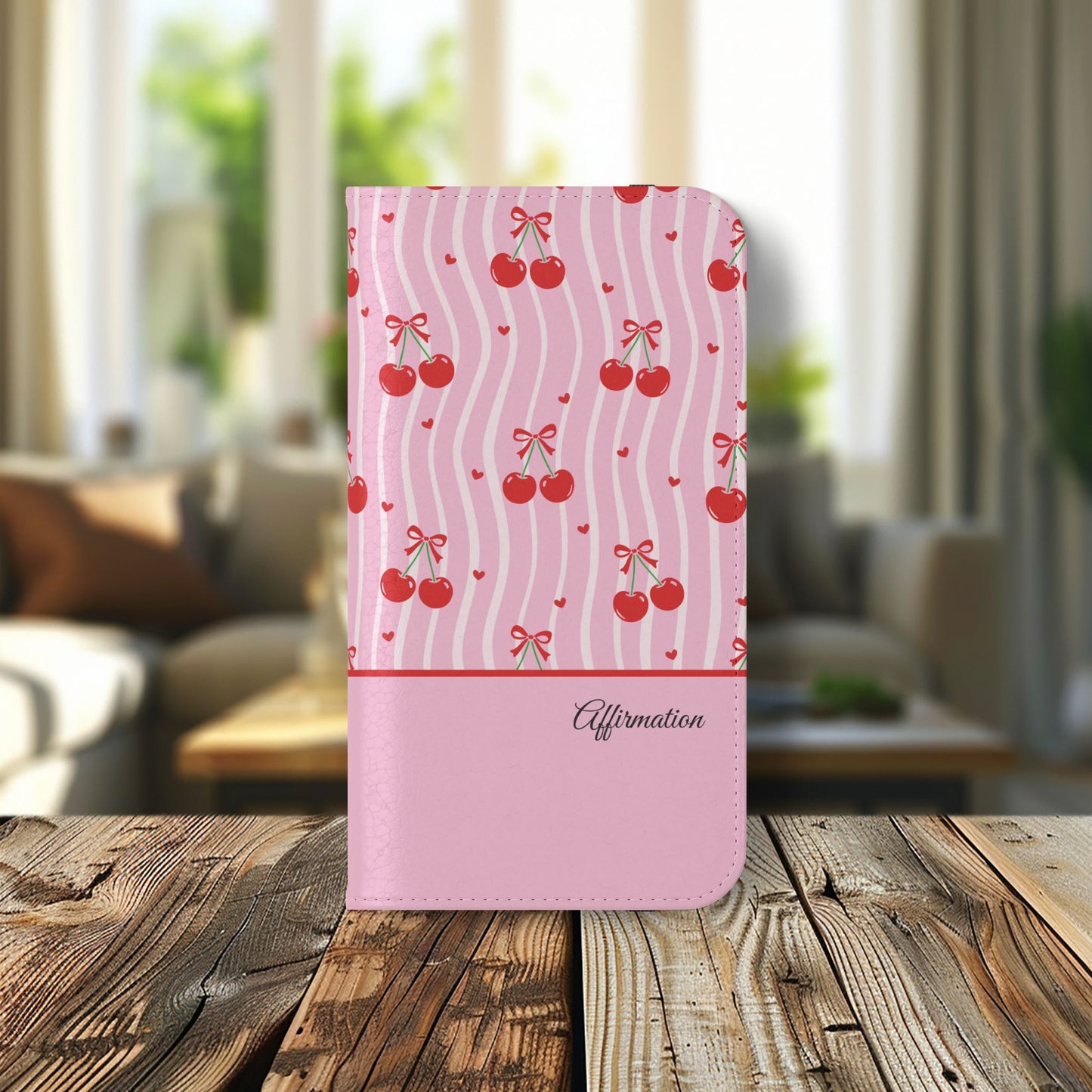 Personalized Cherry Blossom Dreams Flip iPhone and Samsung Cases — Wallet Folio with Name & Affirmation.