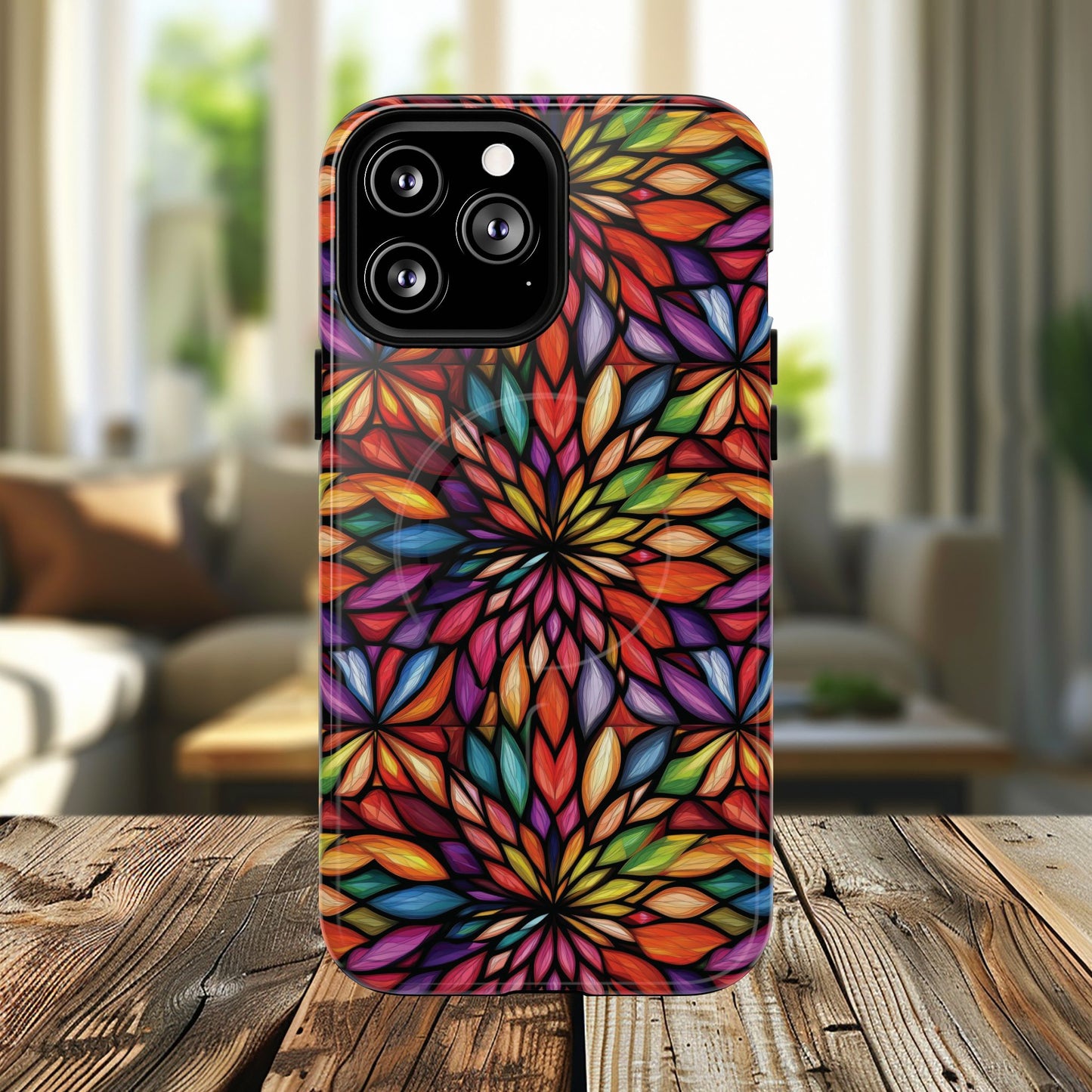 Prism Bloom Tough iPhone Magnetic Case, Stained Glass  MagSafe Cases, iPhone Accessory, Floral Design, Unique Gift, iPhone Protection