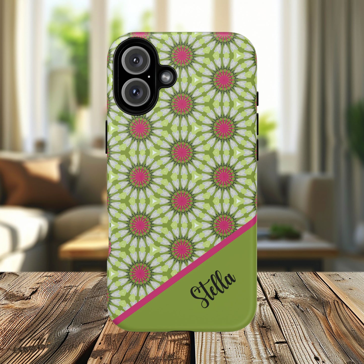Personalized Meadow Mandala Bloom Vibrant Flower  — Green & Pink Geometric Daisy Design