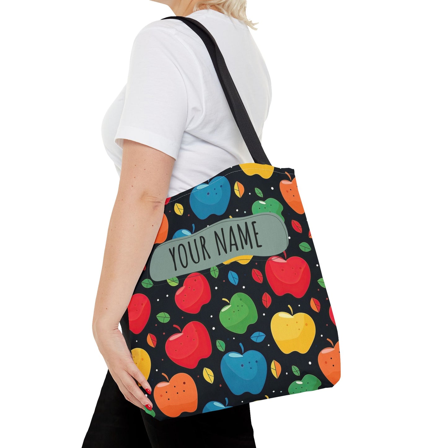 All-Over Apple Print Personalized Tote Bag — Durable Everyday Carry (3 Sizes, 5 Handle Colors)