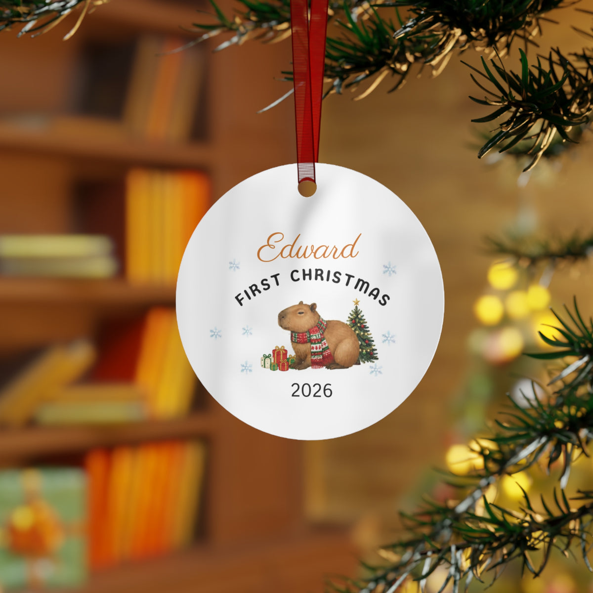 Personalized Capybara First Christmas Metal Ornament —2026 Holiday Keepsake