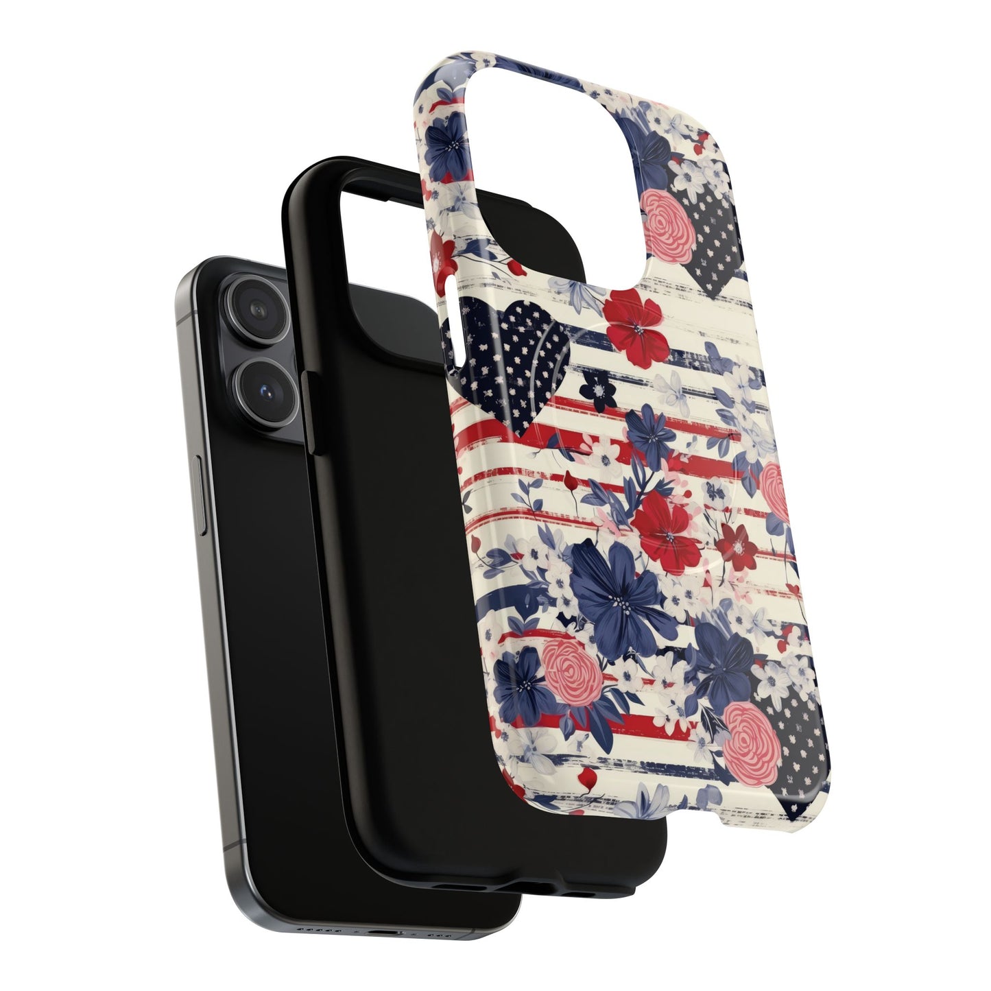 Patriotic Floral Phone Case, Tough Magnetic Cases, American Flag Design, Gift for Her, Independence Day Accessories