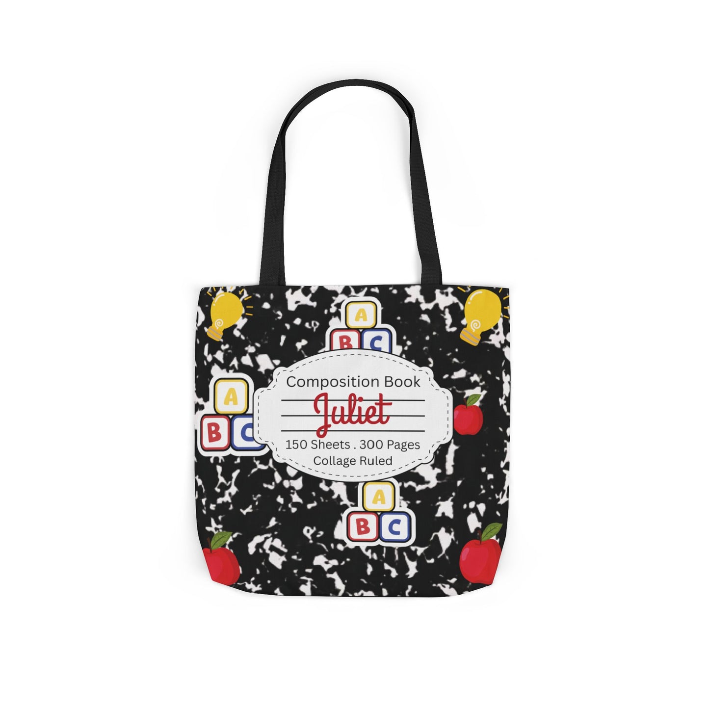 Personalized Black Composition Book Inspired Canvas Tote Bag with Colorful Straps, Cute School Bag, Eco-Friendly Tote, Back to School Shopping Bag, Teacher Gift Idea