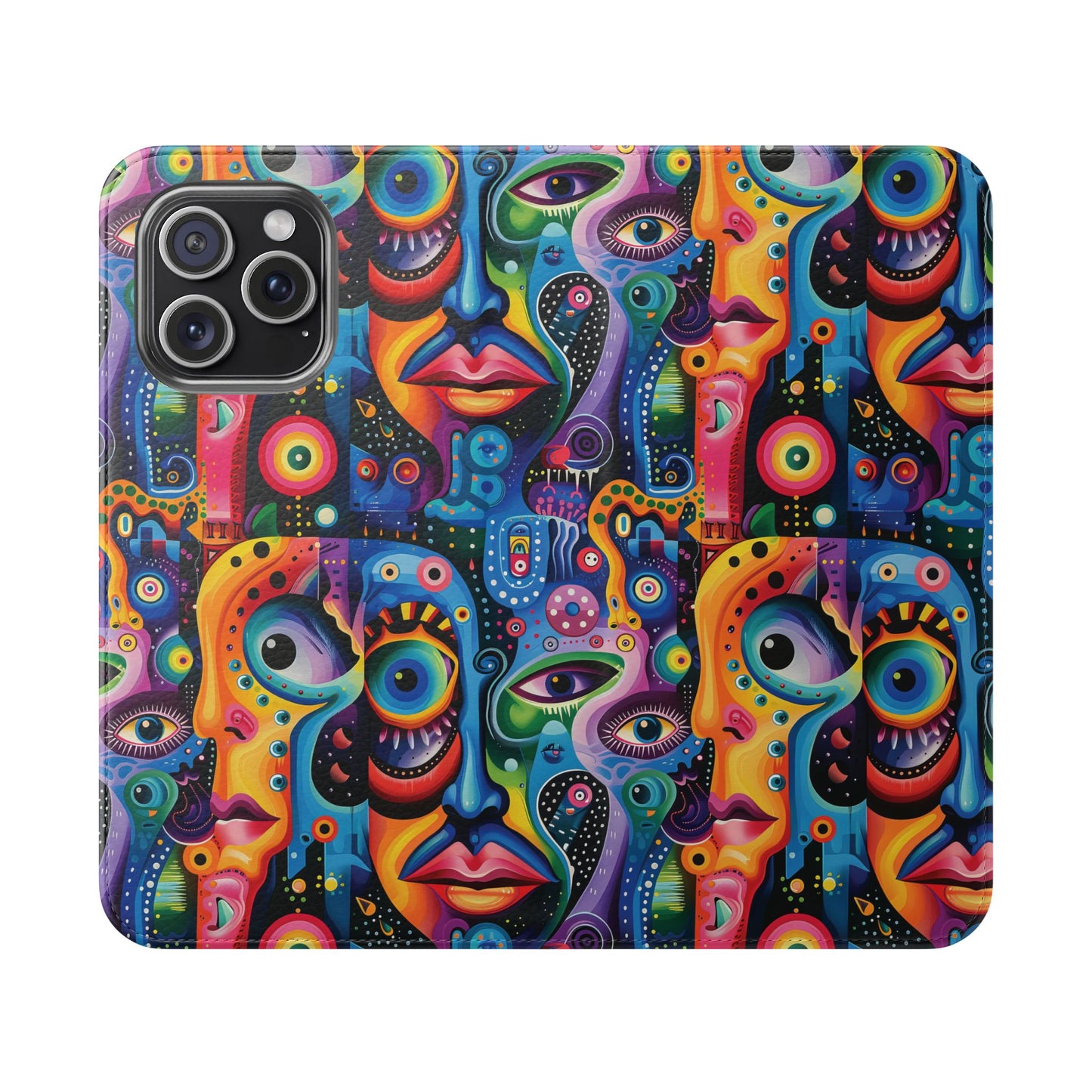 Psychedelic Visions Vibrant Art Flip iPhone and Samsung Phone Case - Colorful Faces Design for Phone Protection