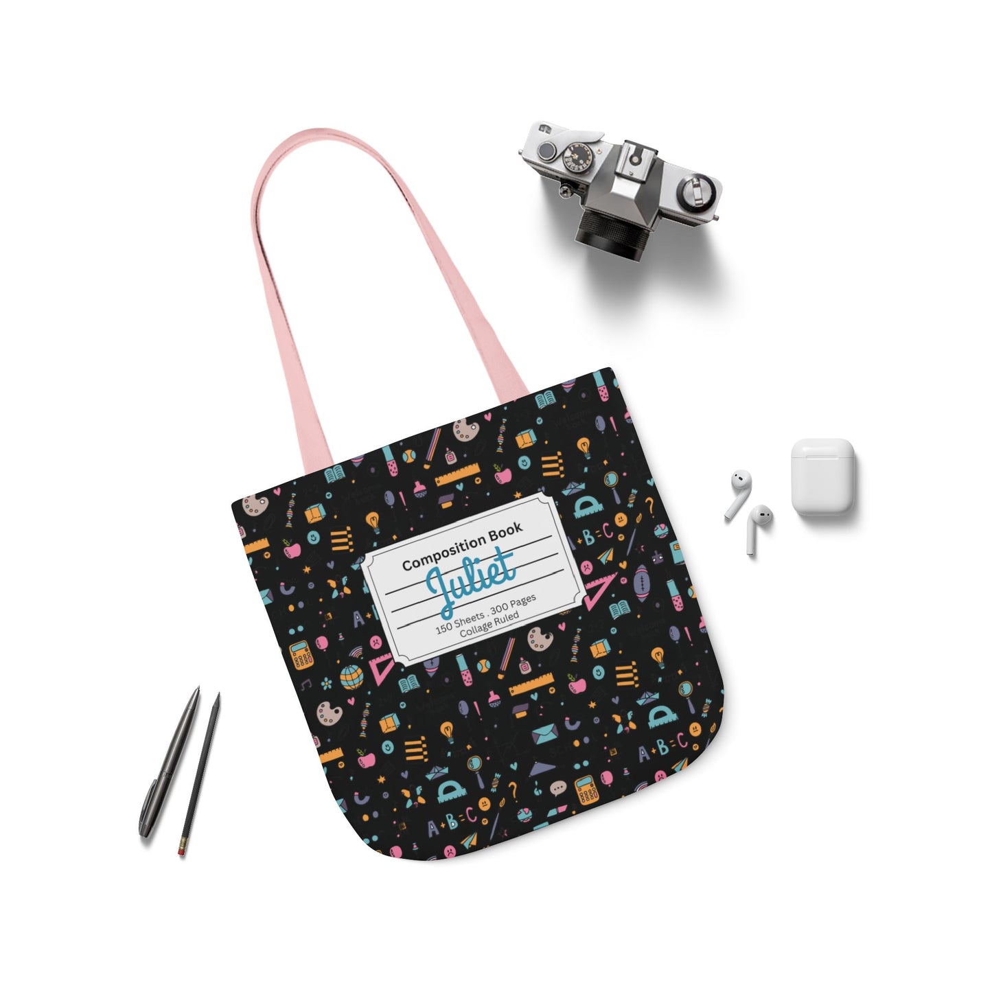 Personalized Chalkboard Chic Composition Book Inspired Canvas Tote Bag with Colorful Straps, Cute School Bag, Eco-Friendly Tote, Back to School Shopping Bag, Teacher Gift Idea