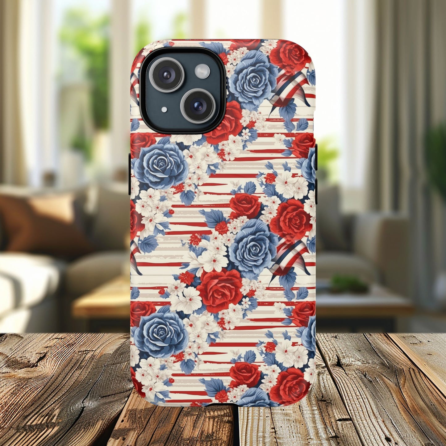 Floral Freedom Tough iPhone Magnetic Case, Red Blue Flower Design,  iPhone MagSafe® compatibility Cover, Best Gift for Her, Holiday Present