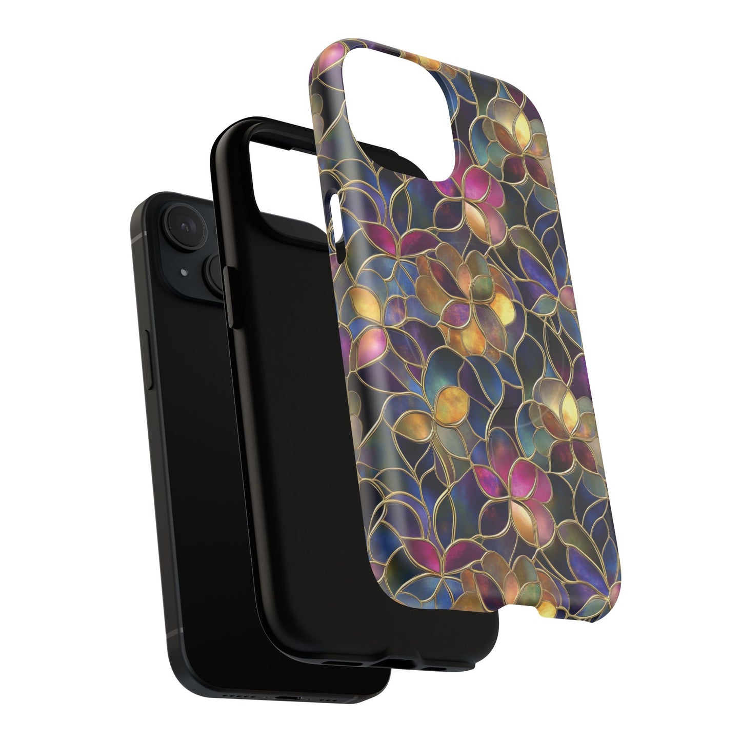 Chromatic Bloom Tough iPhone Magnetic Case, Tough iPhone Cover, Floral iPhone Accessory, Birthday Gift, Elegant Tech Decor, MagSafe Stained Glass Pattern.