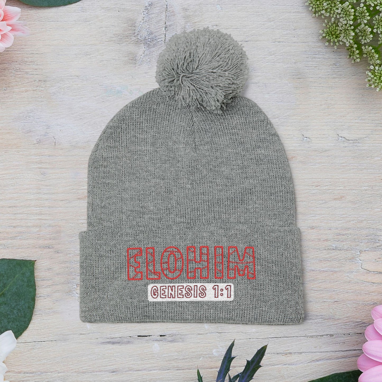 Red Pom-Pom Knit Cap with 'ELOHIM, GENESIS 1:1'  Embroidery Beanie - Stylish Winter Accessory for All Ages, Perfect Gift for Birthdays, Holidays, and Outdoor Activities