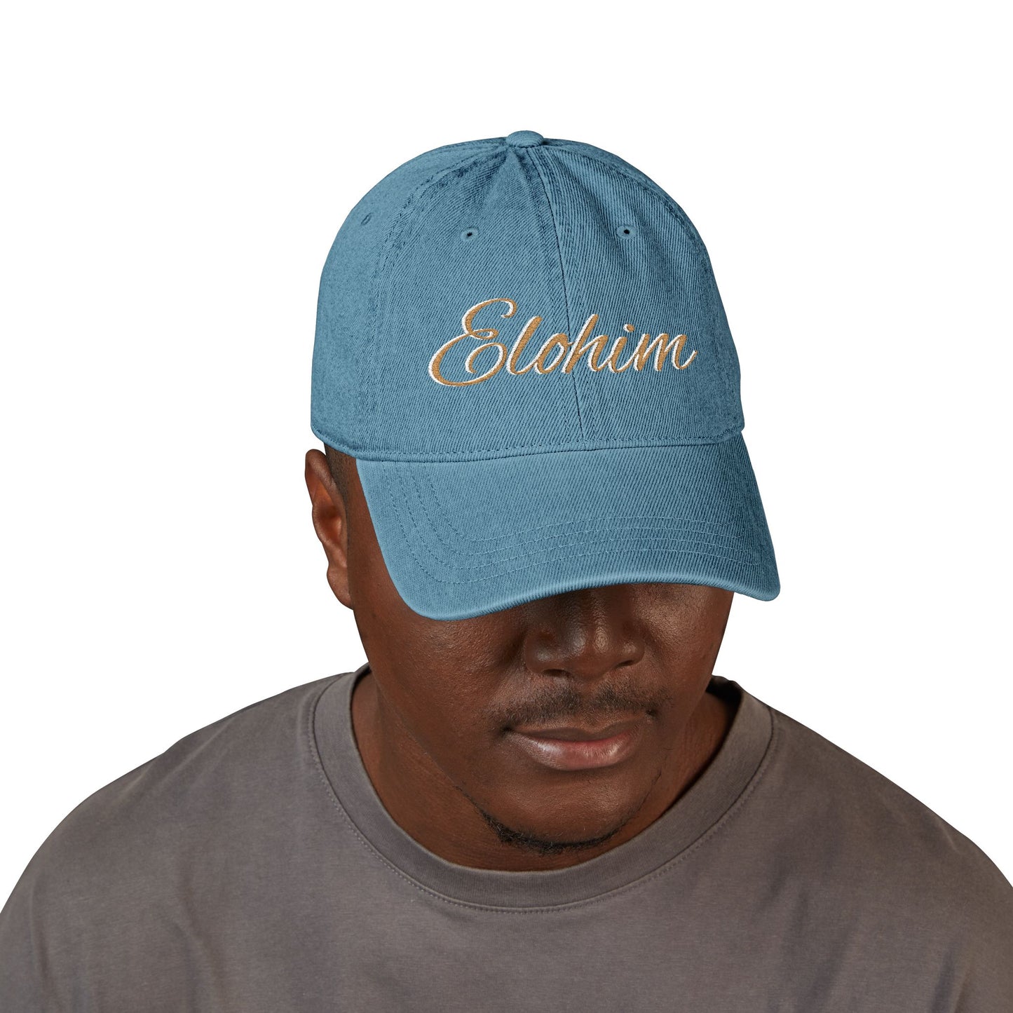 Denim 'ELOHIM, GENESIS 1:1' Hat (Embroidery), Stylish Casual Hat, Gift for Him/Her, Summer Accessory, Trendy Streetwear, Spiritual Fashion.