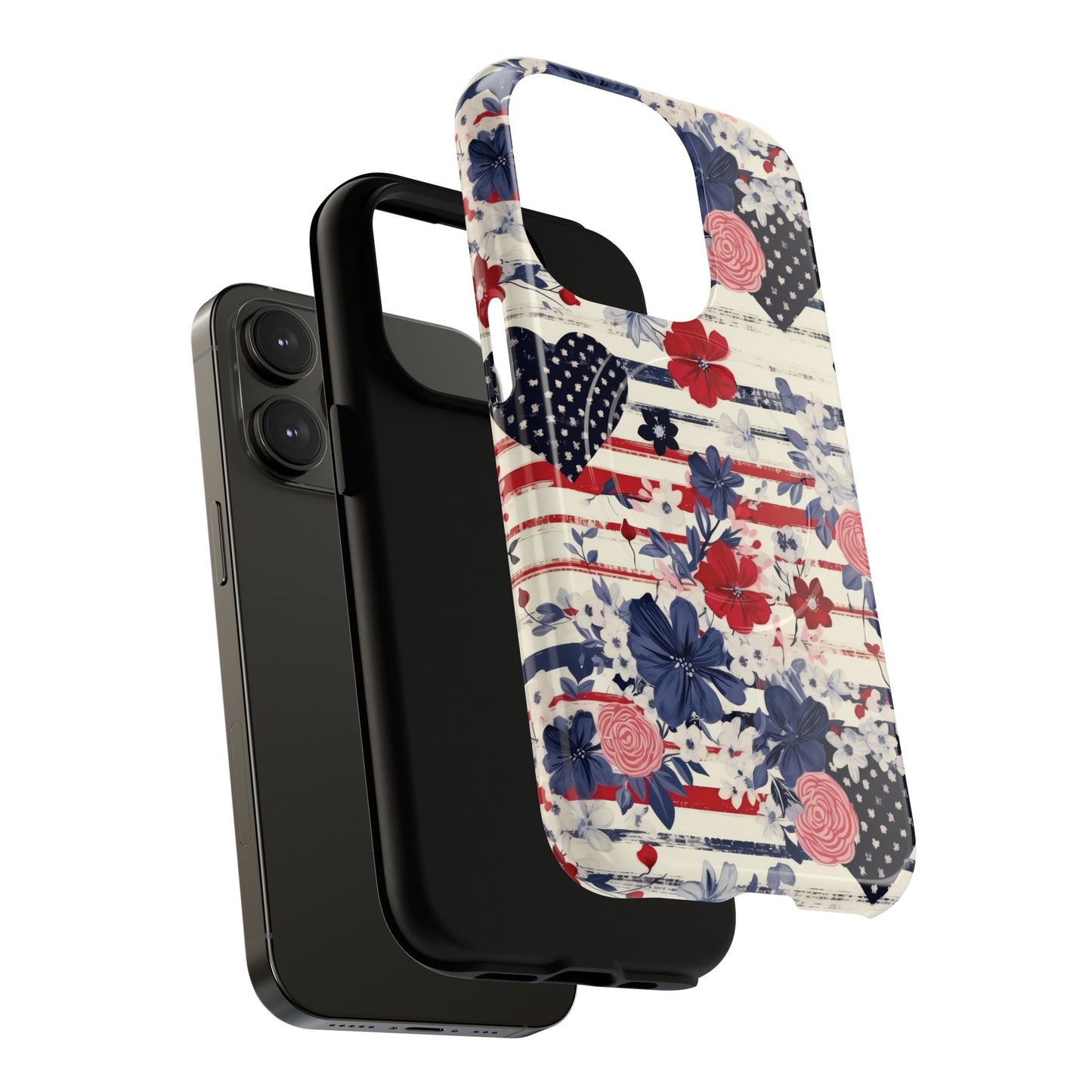 Patriotic Floral Phone Case, Tough Magnetic Cases, American Flag Design, Gift for Her, Independence Day Accessories