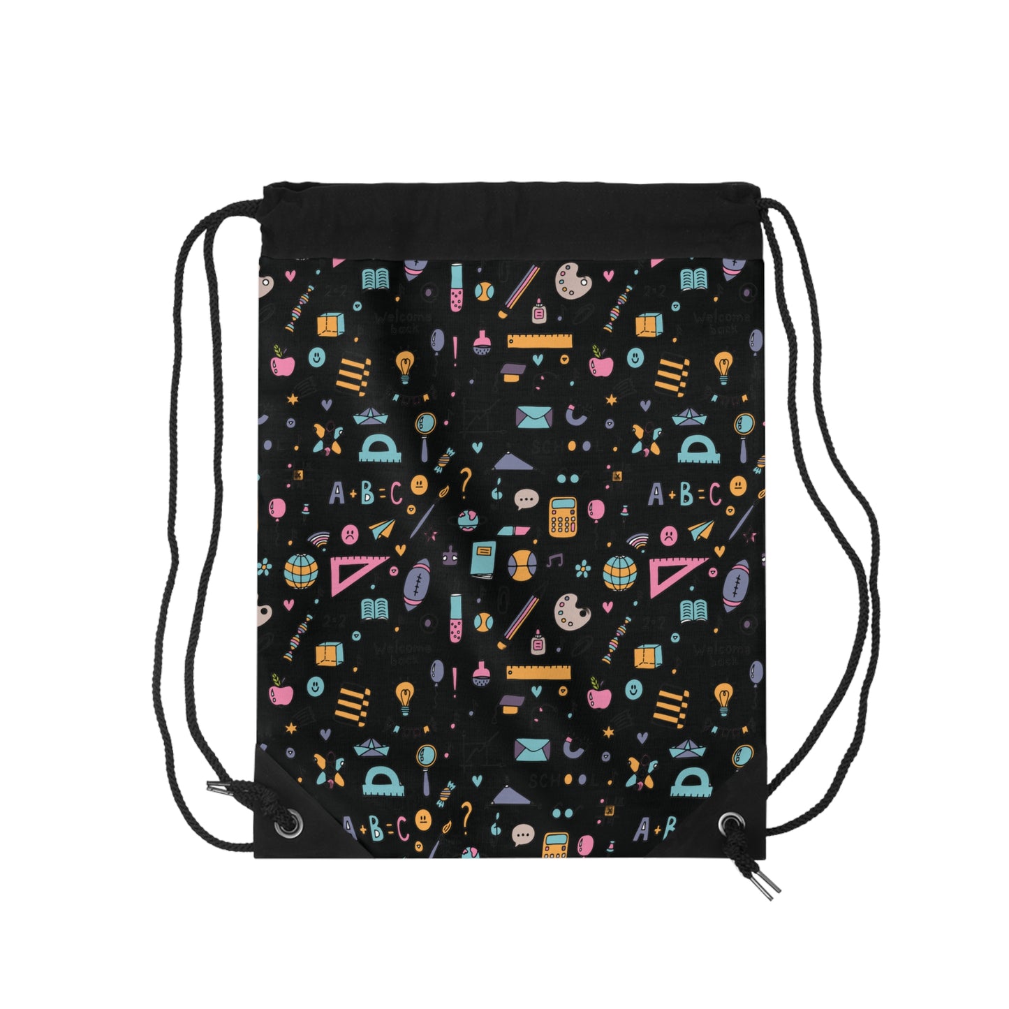 Custom Chalkboard Chic Composition Book Inspired Colorful plsyful icons Drawstring Bag | Personalized College Ruled Tote | Kids School Gear | Fun Gym Sack | Back to School Accessory