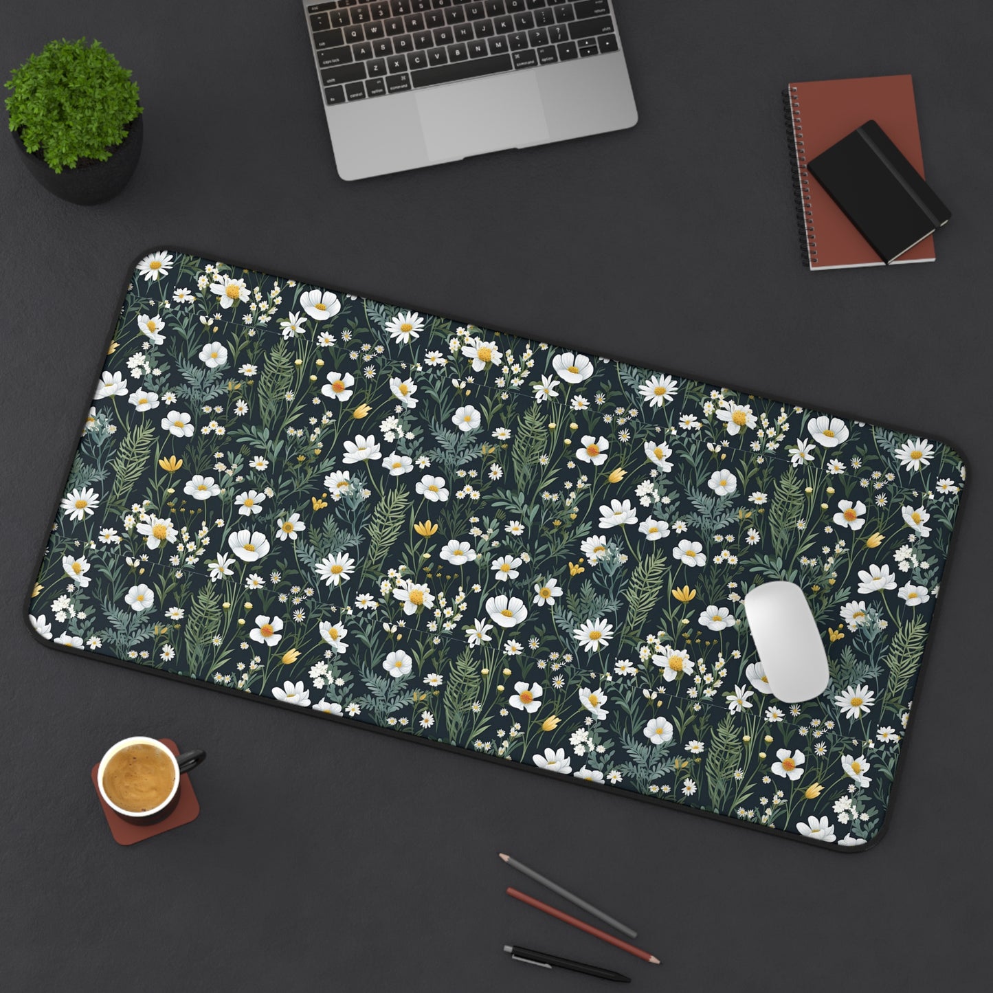 Daisy Delight Floral Desk Mat - Elegant Botanical Design for Home Office Decor.