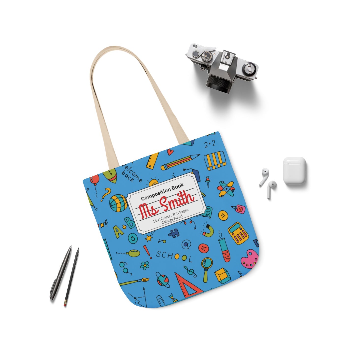Personalized Classroom Couture Composition Book Inspired Canvas Tote Bag with Colorful Straps, Cute School Bag, Eco-Friendly Tote, Back to School Shopping Bag, Teacher Gift Idea