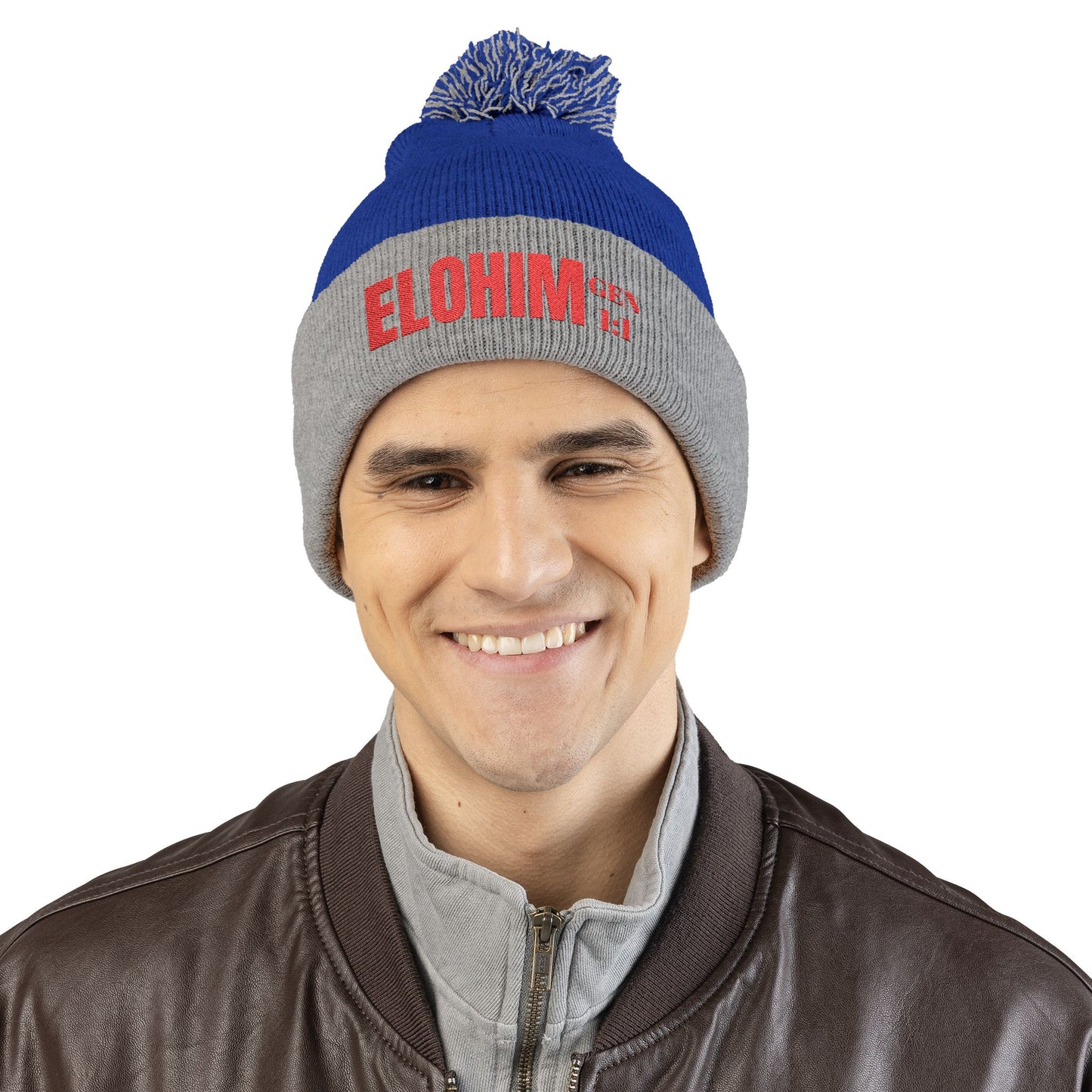 Red Pom-Pom Knit Cap with 'ELOHIM, GENESIS 1:1'  Embroidery Beanie - Stylish Winter Accessory for All Ages, Perfect Gift for Birthdays, Holidays, and Outdoor Activities