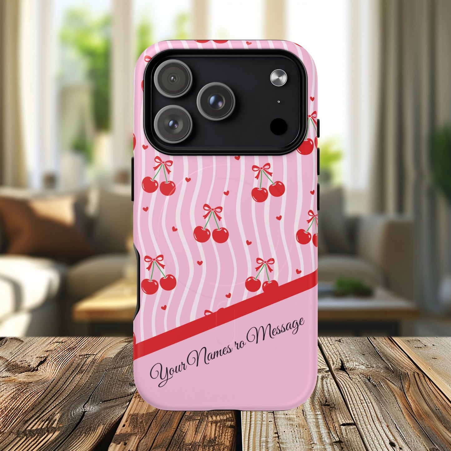 Personalized Cherry Blossom Dreams Tough Magnetic MagSafe® iPhone® 13, 14, 15, 16, 17, Pro, Pro Max, Plus Cases.— Pink Retro (Custom Name)