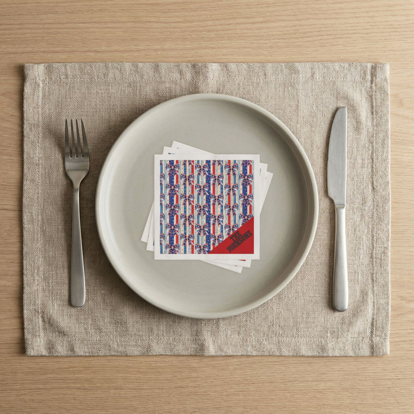 Patriotic Ribbon Pattern Cocktail Napkins — Customizable Corner Name