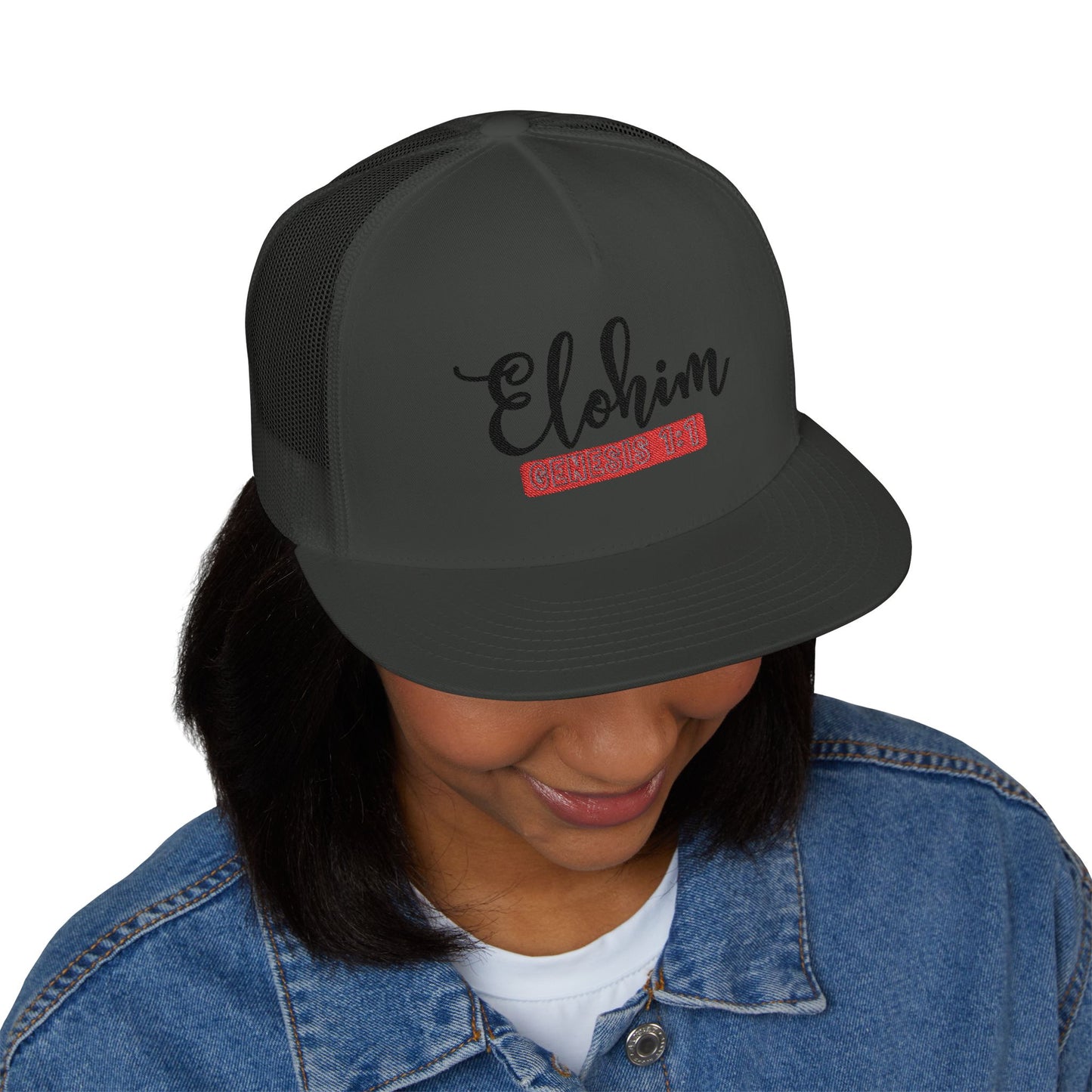 'ELOHIM, GENESIS 1:1'  Embroidered 5 Panel Trucker Cap | Casual Style Hat, Adjustable, Unisex, Perfect Gift for Outdoors, Festivals, Daily Wear