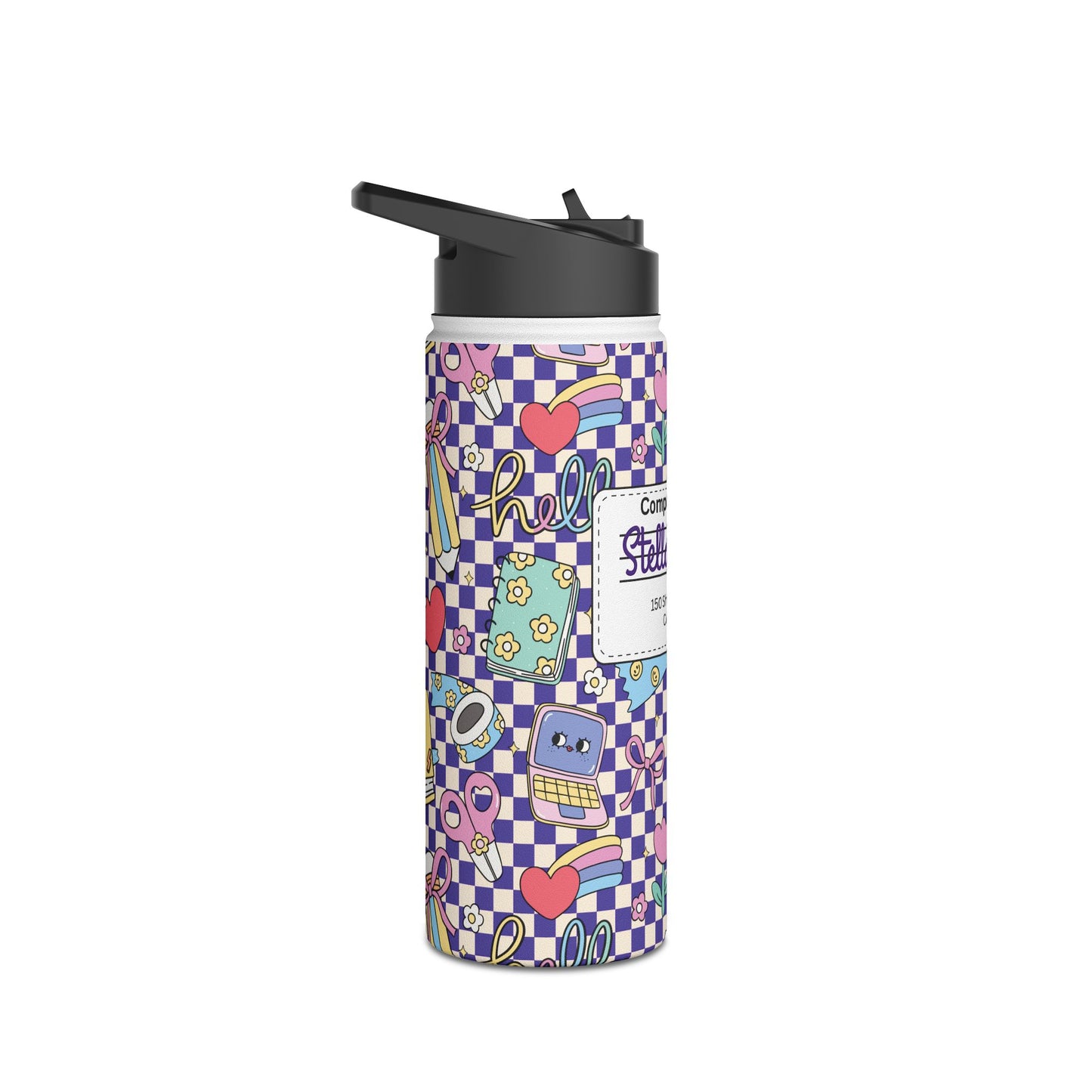 Personalized Purple Doodle Daydream Composition Book Inspired Stainless Steel Water Bottle for Kids, School Supplies, Eco-Friendly Drinkware, Back to School, Teacher Gifts