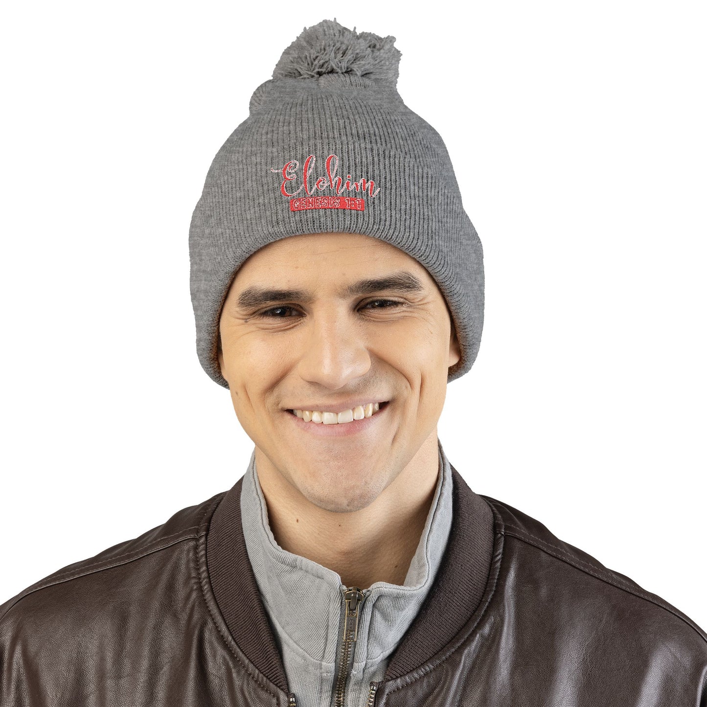 Red Pom-Pom Knit Cap with 'ELOHIM, GENESIS 1:1'  Embroidery Beanie - Stylish Winter Accessory for All Ages, Perfect Gift for Birthdays, Holidays, and Outdoor Activities