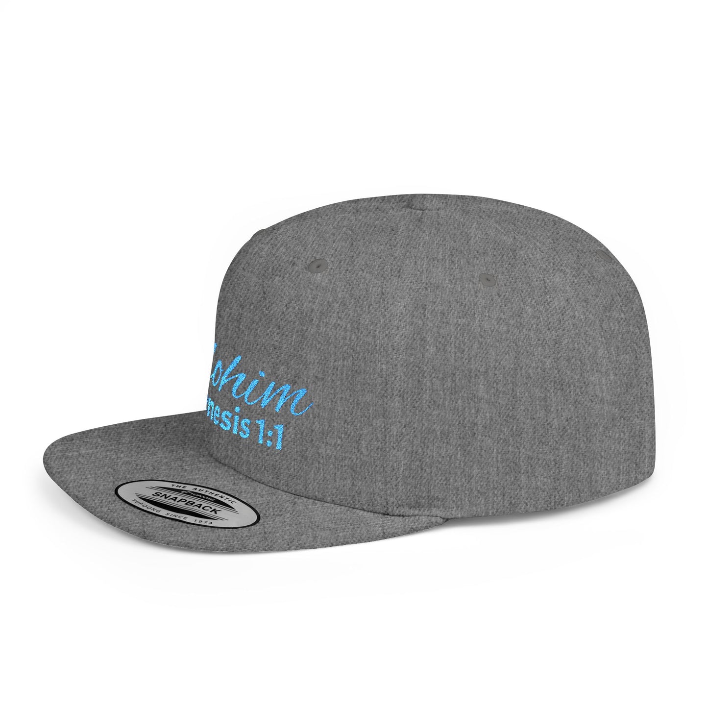 Teal Embroidery 'ELOHIM, GENESIS 1:1' Flat Bill Snapback Hat, Stylish Cap for Everyday Wear, Church Events, Gift for Him/Her, Streetwear Accessory, Casual Fashion