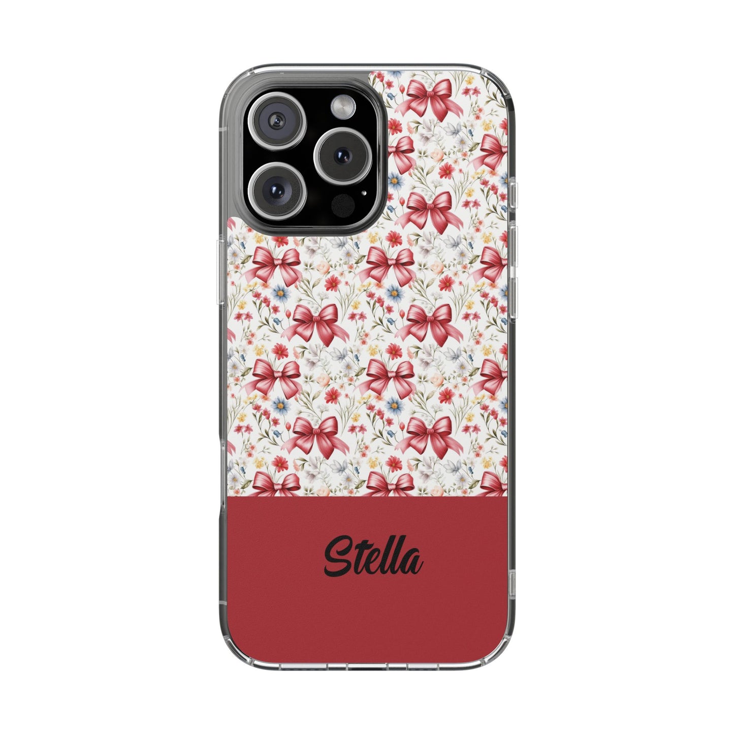 Personalized Rosette Coquette Floral Bow Clear iPhone, Samsung Cases — Custom Name Phone Cover