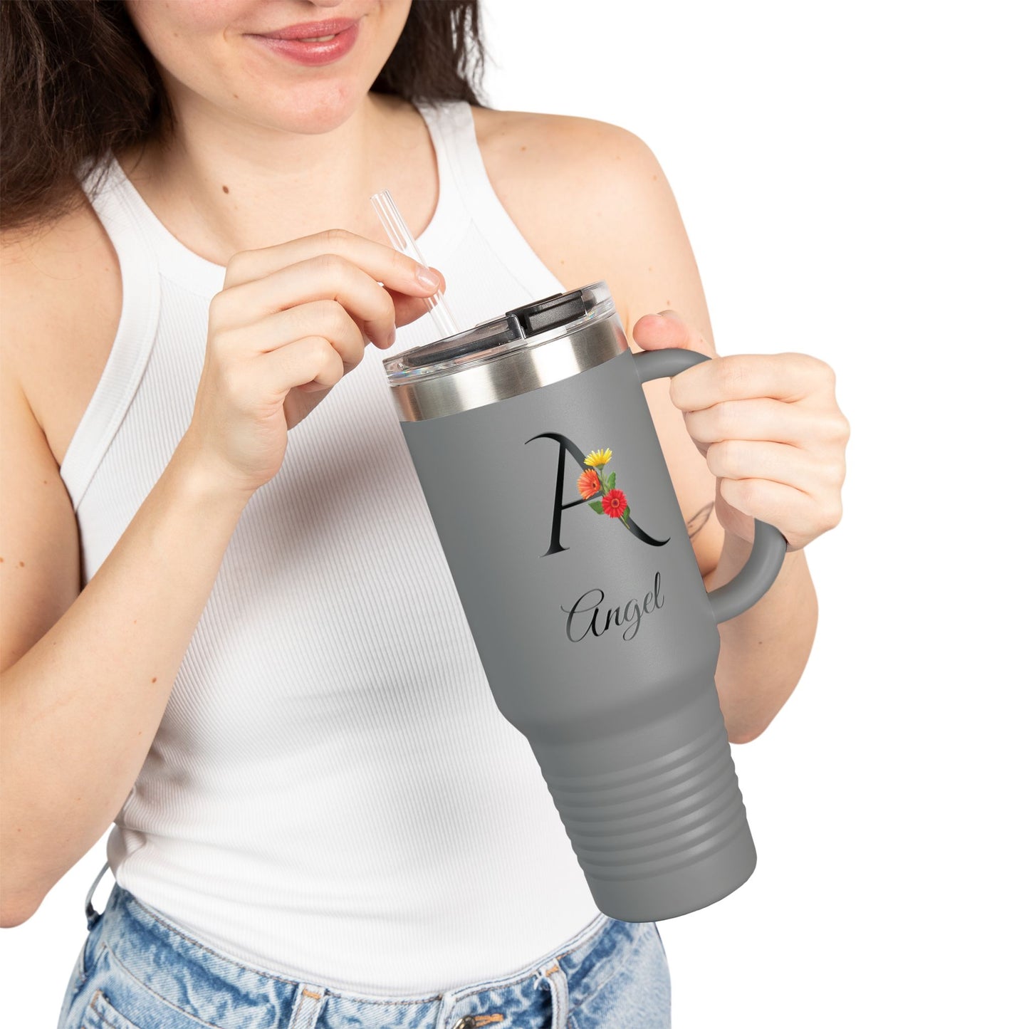 Personalized Floral Initial 40oz Travel Mug
