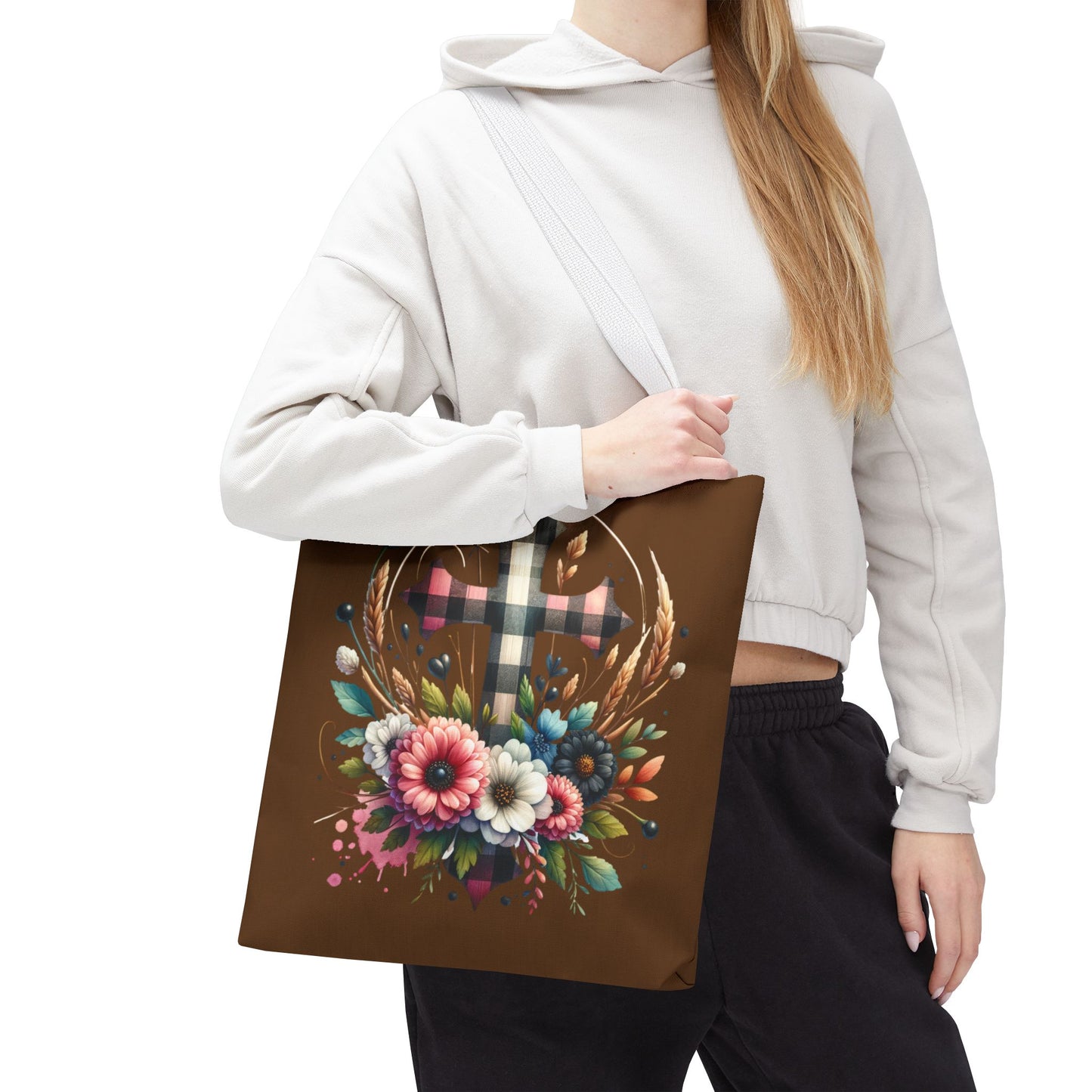 Faith and Floral Cross Heart Tote Bag