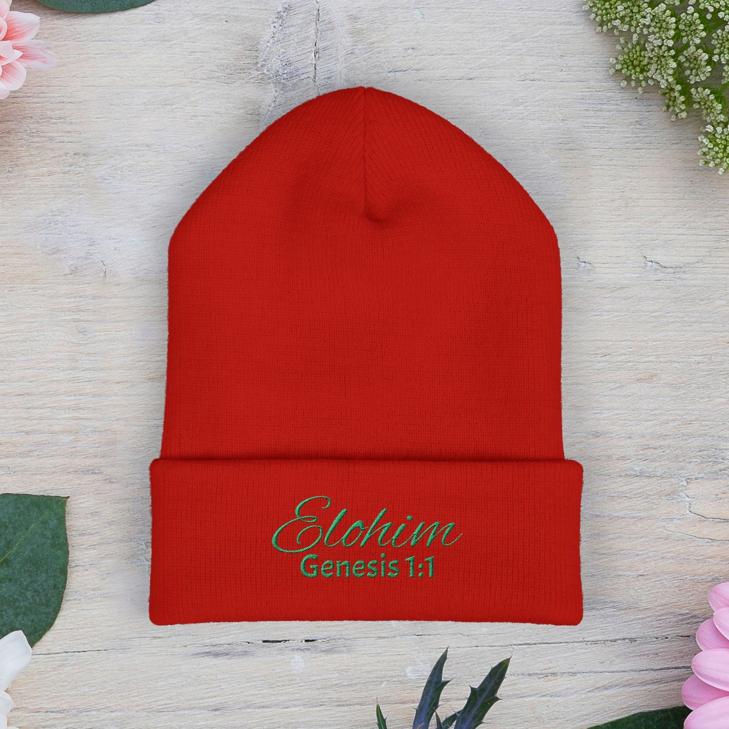 Green Embroidered 'ELOHIM, GENESIS 1:1' Classic Cuffed Beanie - Cozy Winter Hat, Streetwear Accessory, Personalized Gifts, Religious Apparel, Unisex Beanie