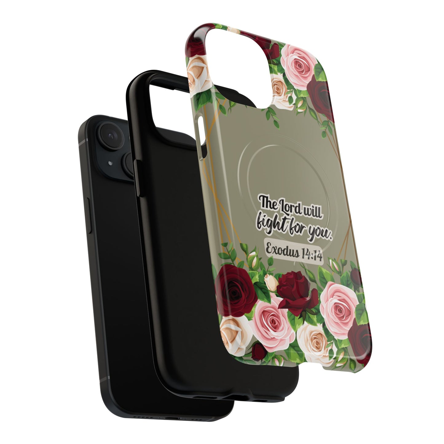 The Lord will Fight for You Exodus 14:14, Inspirational Gift, Tough iPhone Magnetic Case Scripture, Roses Bible Verse, MagSafe® iPhone® Tough Case, iPhone 14, iPhone 15, iPhone 16, Pro, Pro Max, Plus.