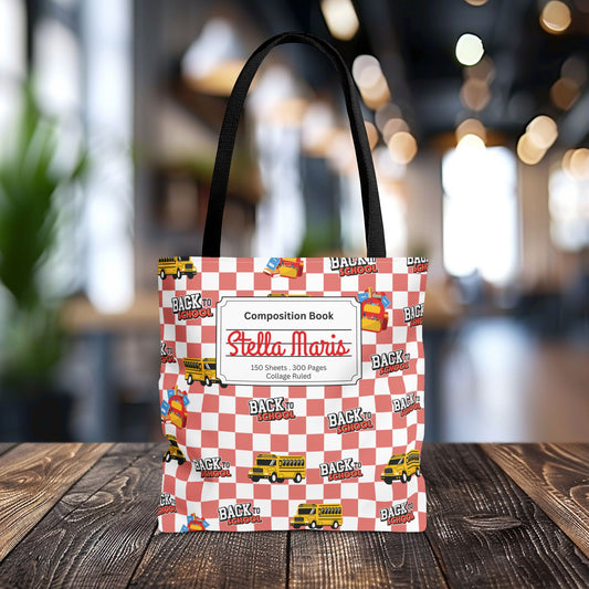 Personalized Red SchoolYard Chic Composition Book Inspired Tote Bag, Back to School Tote, Teacher Gift, Kids Bag, Custom Name Bag, Educational Accessories, Back to School Tote Bag.