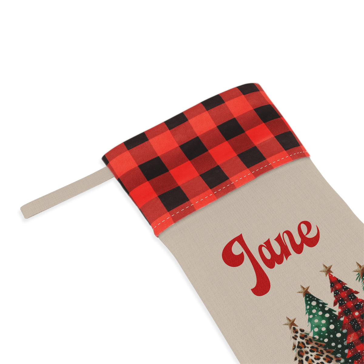 Personalized Buffalo Plaid Christmas Stocking – Custom Name with Festive Tree Design