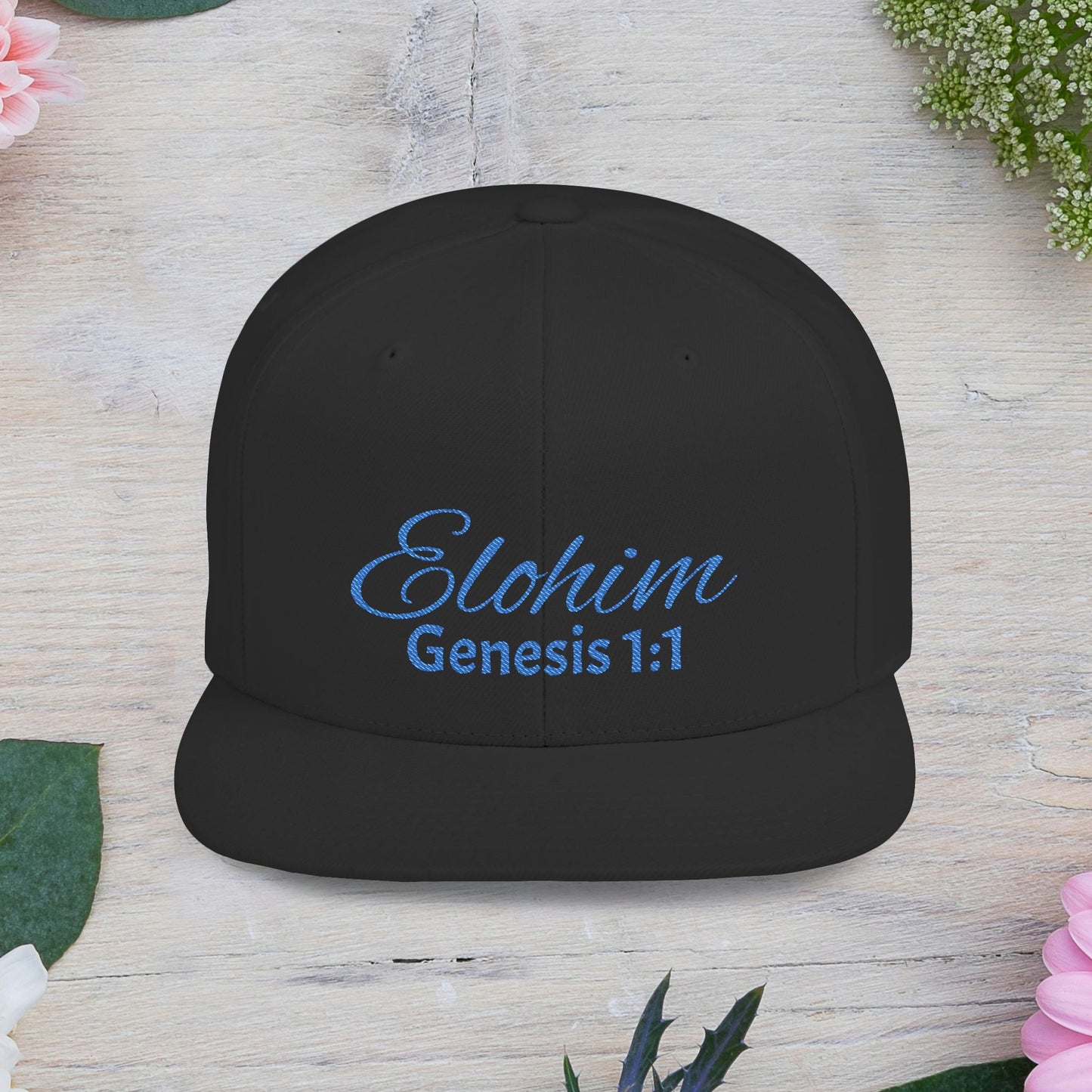 Blue Embroidery 'ELOHIM, GENESIS 1:1' Flat Bill Snapback Hat, Stylish Cap for Everyday Wear, Church Events, Gift for Him/Her, Streetwear Accessory, Casual Fashion