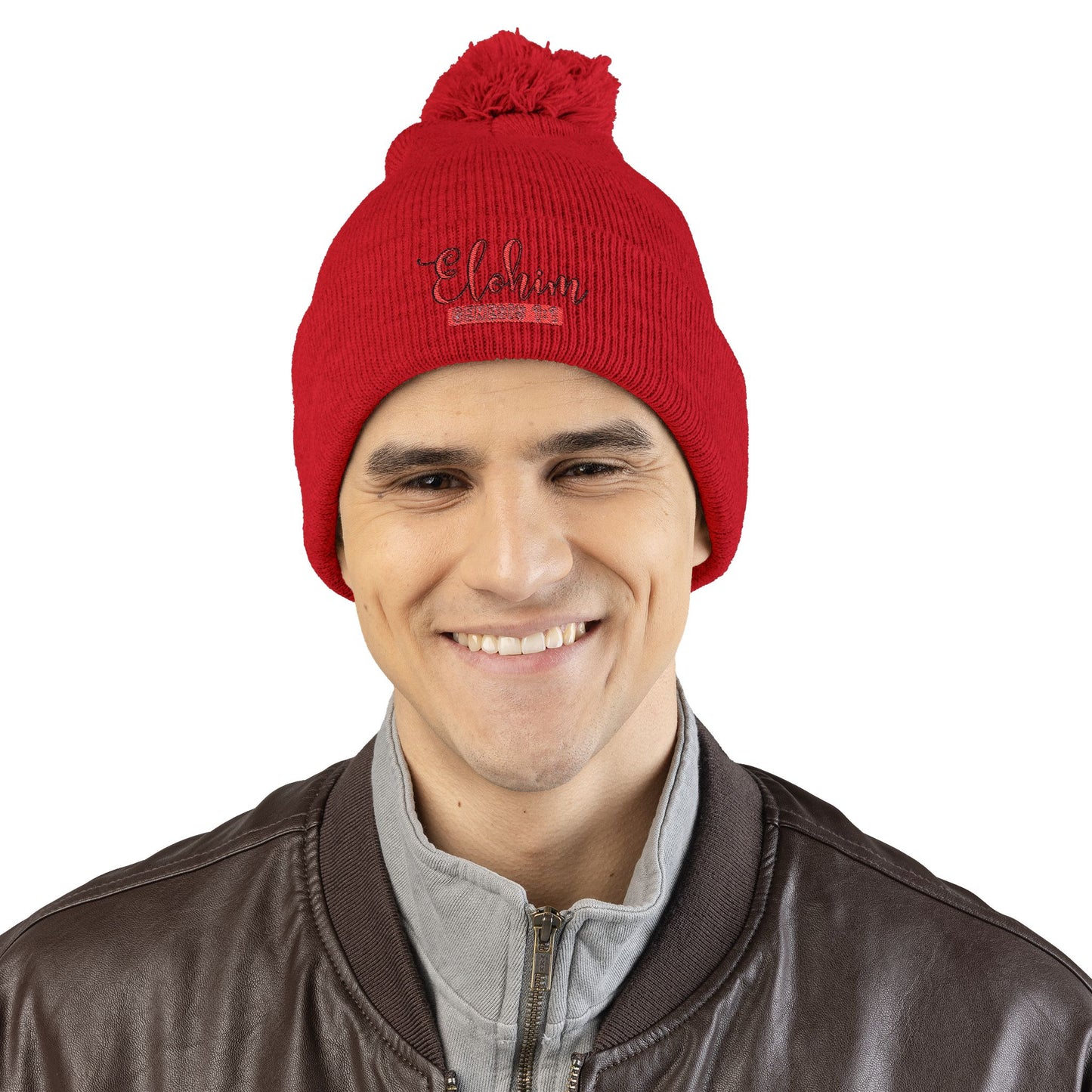 Red Pom-Pom Knit Cap with 'ELOHIM, GENESIS 1:1'  Embroidery Beanie - Stylish Winter Accessory for All Ages, Perfect Gift for Birthdays, Holidays, and Outdoor Activities