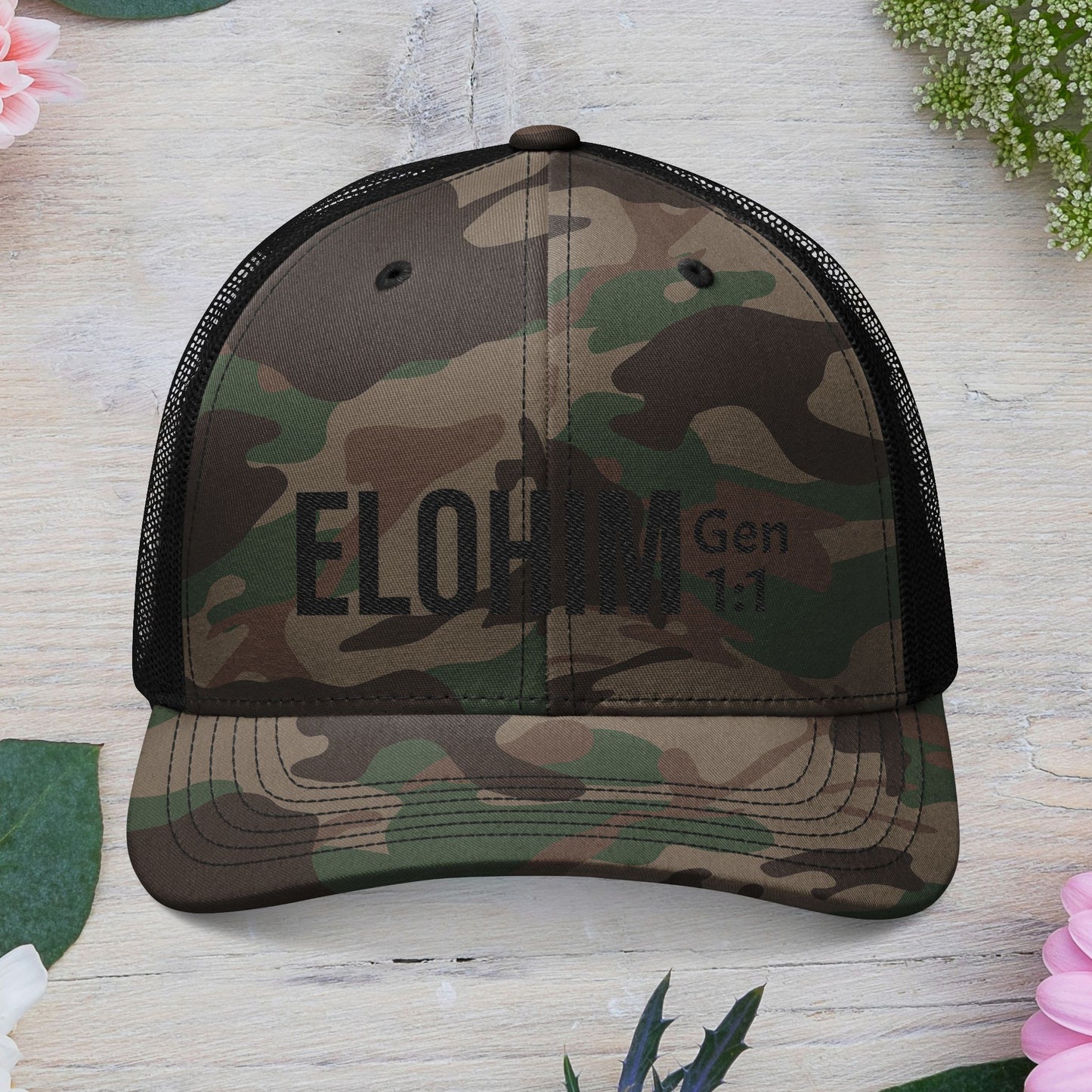 Black Camouflage Embroidered Trucker Hat with 'ELOHIM, GENESIS 1:1', Casual Style Hat, Adjustable, Unisex, Perfect Gift for Outdoors, Festivals, Daily Wear.