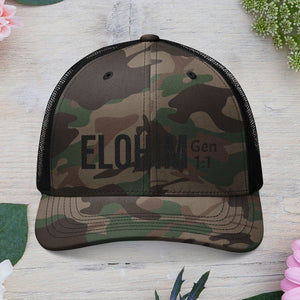 Black Camouflage Embroidered Trucker Hat with 'ELOHIM, GENESIS 1:1', Casual Style Hat, Adjustable, Unisex, Perfect Gift for Outdoors, Festivals, Daily Wear.