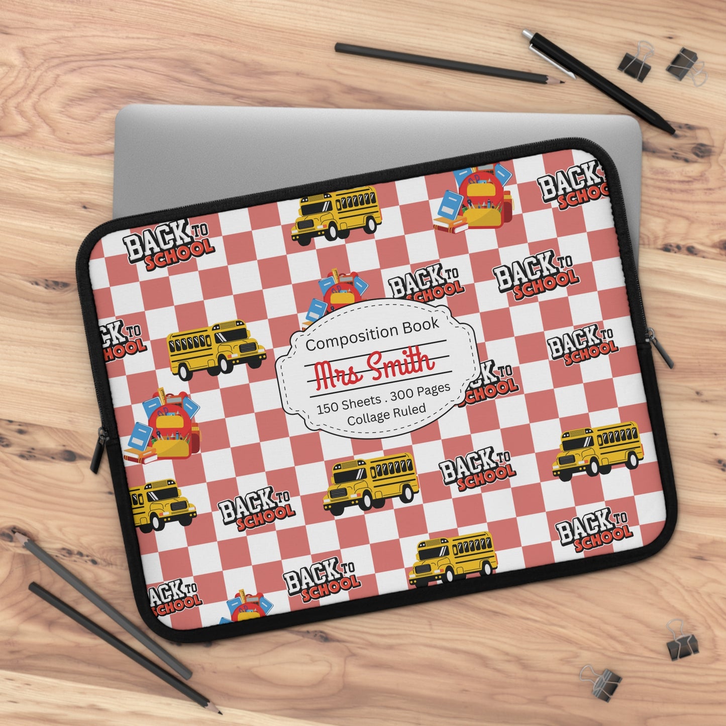 Personalized Red SchoolYard Chic Laptop Sleeve with Composition Book Inspired Design, Customizable Tech Case, School Supplies, Gift for Students, College Essentials, Back to School