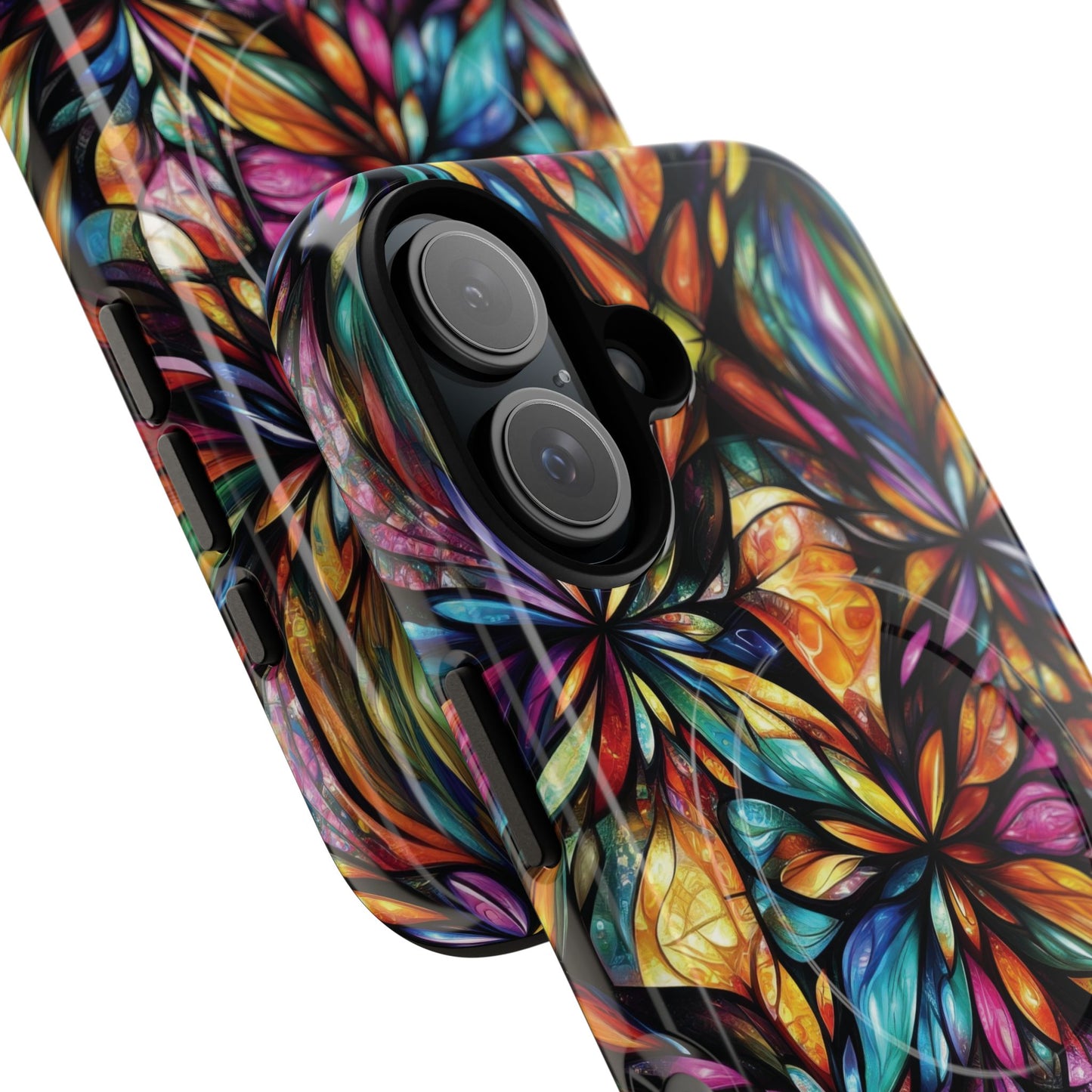 Luminous Whirl Tough Magnetic iPhone Cases, Vibrant Protection, Unique Floral Print, Durable Cover, Gift for Tech Lovers, iPhone Accessory, Stained Glass iPhone Design.