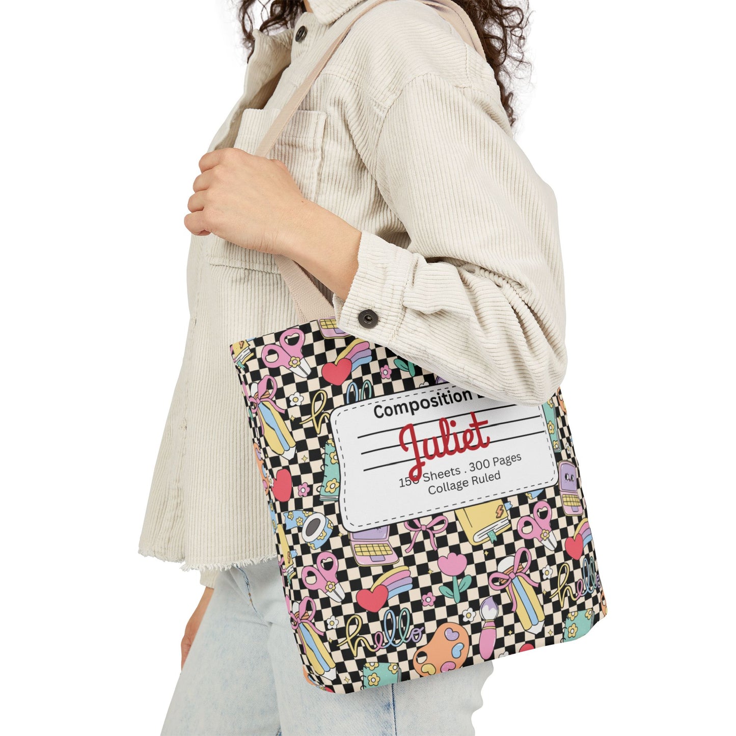 Personalized Black Doodle Daydream Composition Book Inspired Canvas Tote Bag with Colorful Straps, Cute School Bag, Eco-Friendly Tote, Back to School Shopping Bag, Teacher Gift Idea
