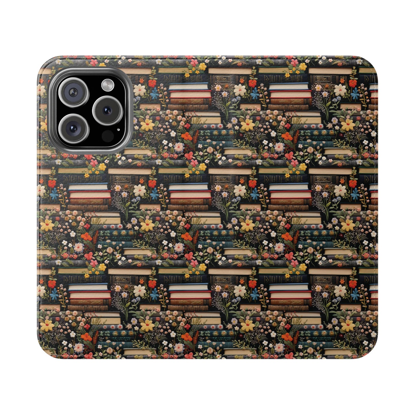 Book Stack Floral Flip iPhone and Samsung Phone Case — Vintage Library Wallet Cover.