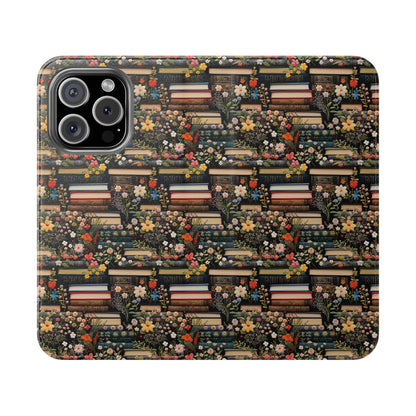 Book Stack Floral Flip iPhone and Samsung Phone Case — Vintage Library Wallet Cover.