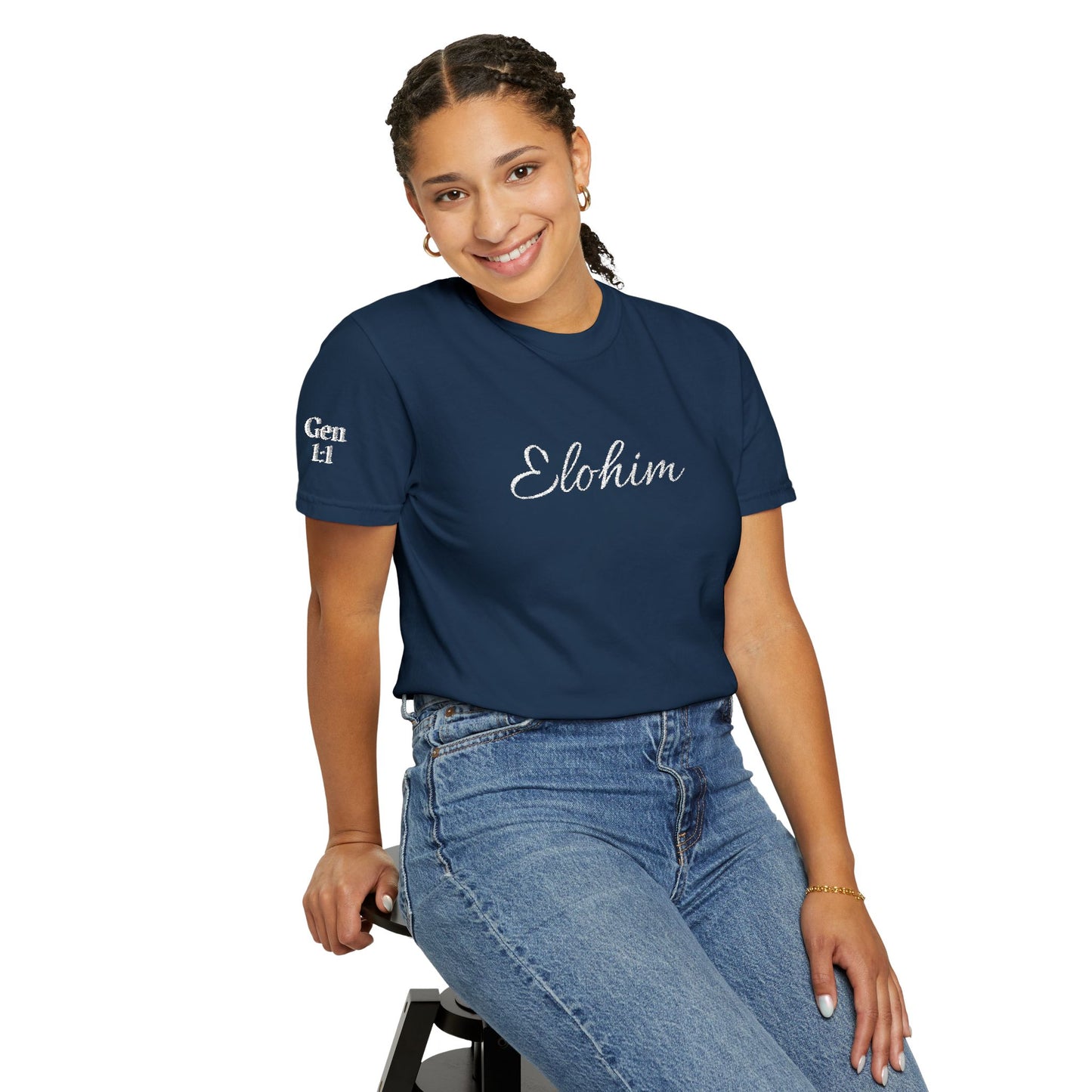 Embroidery 'ELOHIM, GENESIS 1:1' - Faith-Based Unisex Garment-Dyed Comfort Colors T-shirt, Faith Gift Tee, Religious Tee, Embroidery Tee.