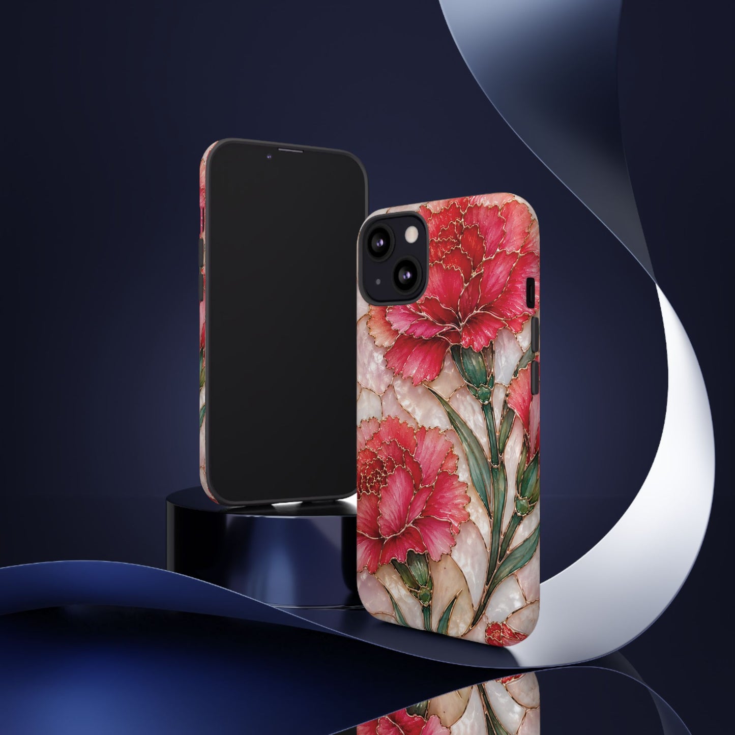 Stained Glass Effect Carnation Floral Tough Phone Case – Pink Vintage Botanical Protective Cover