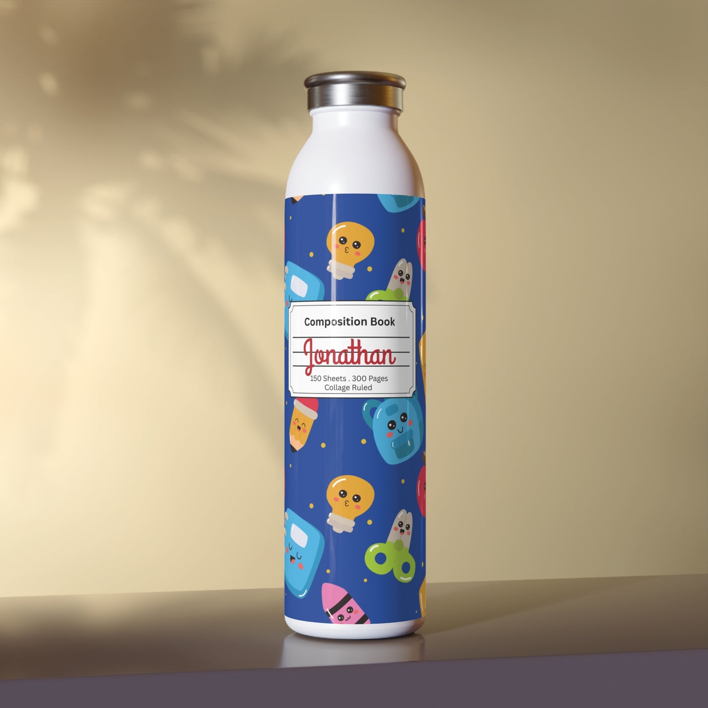 Personalized Blue Kawaii Composition Book Inspired Slim Water Bottle, Customizable Drinkware, Eco-Friendly Hydration Bottle, Perfect for Gifts, School Supplies, Back to School