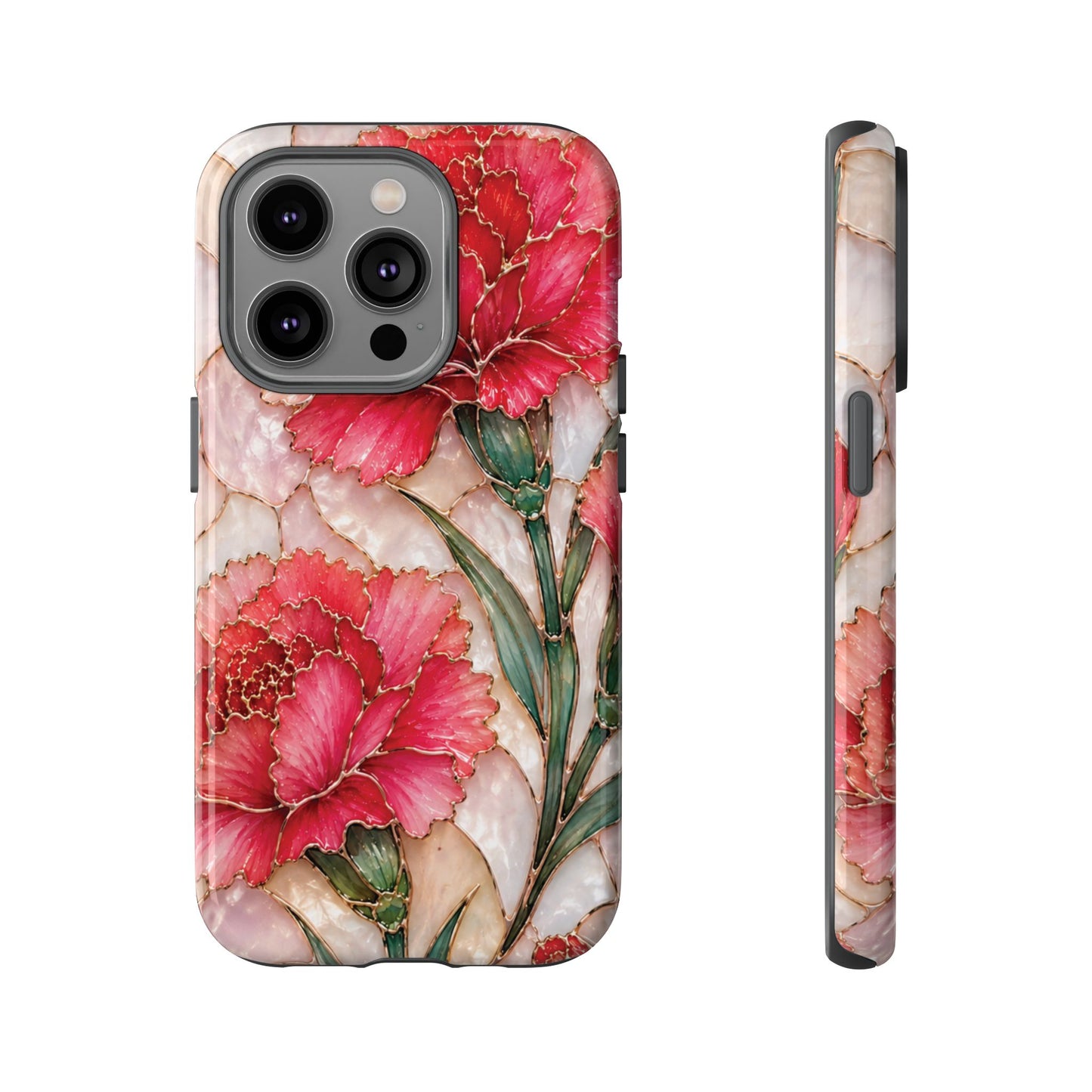 Stained Glass Effect Carnation Floral Tough Phone Case – Pink Vintage Botanical Protective Cover